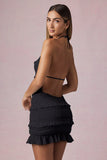 Ruffled Backless Halterneck Mini Dress in Black