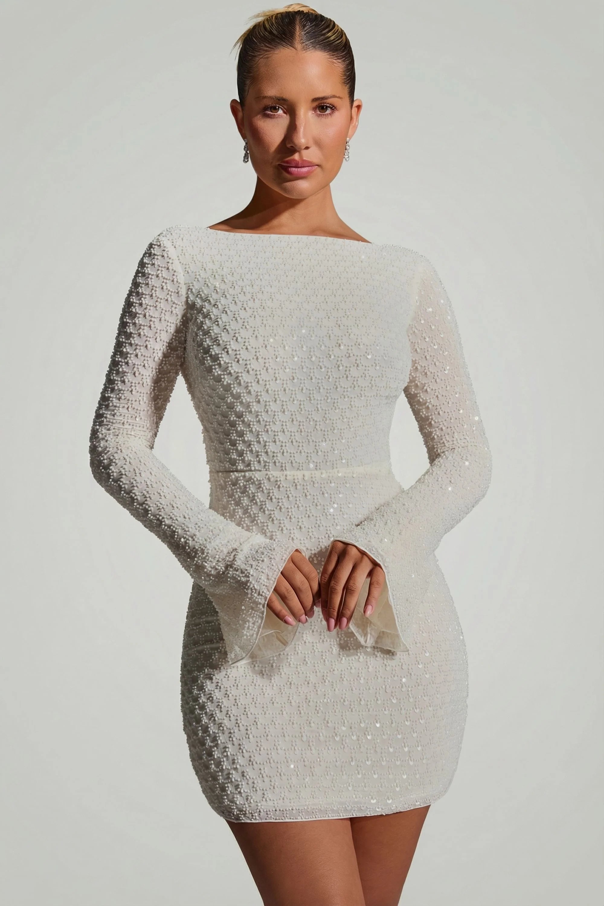 Embellished Open Back A Line Mini Dress in White