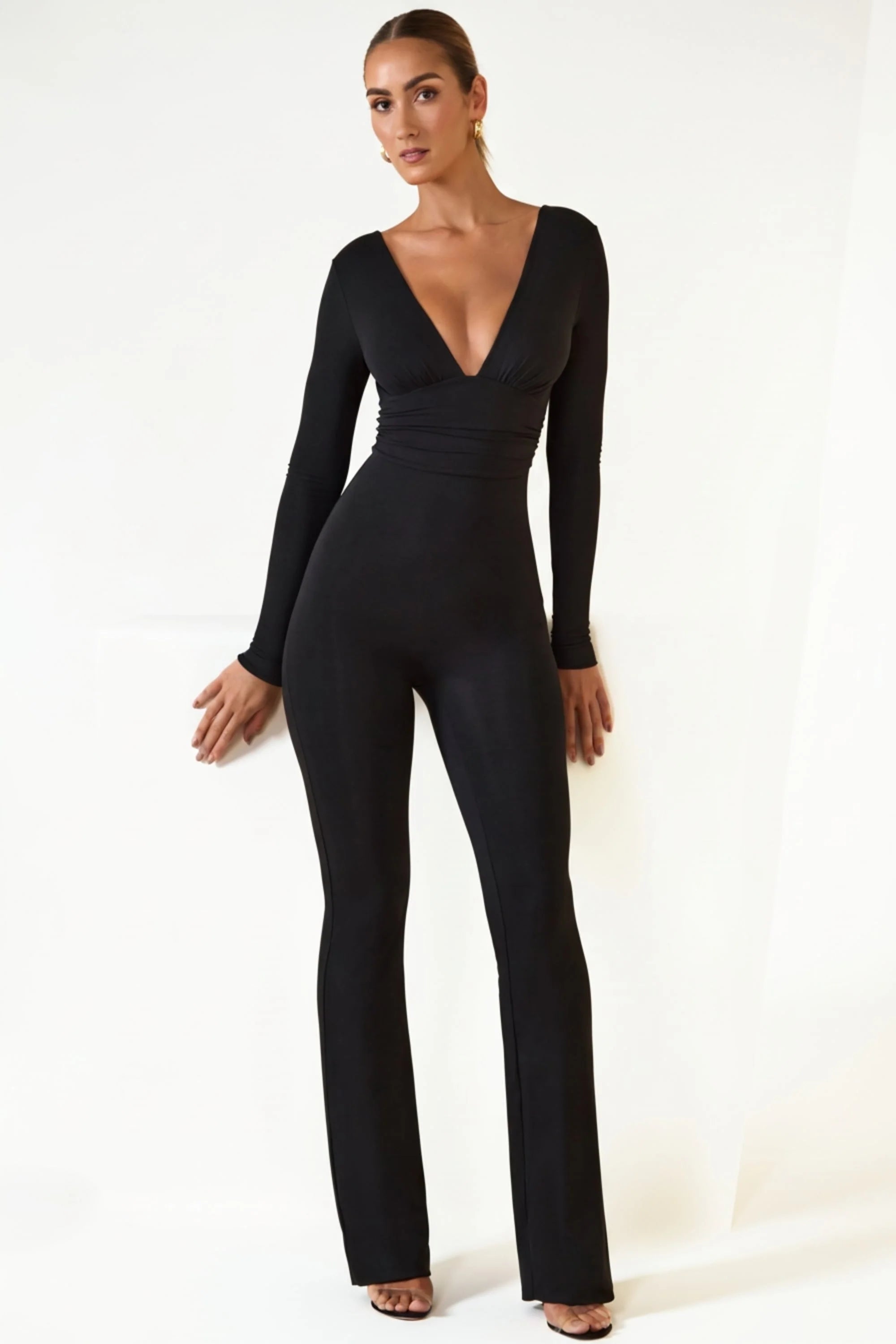 Modal Ruched Plunge Flared Jumpsuit in Black