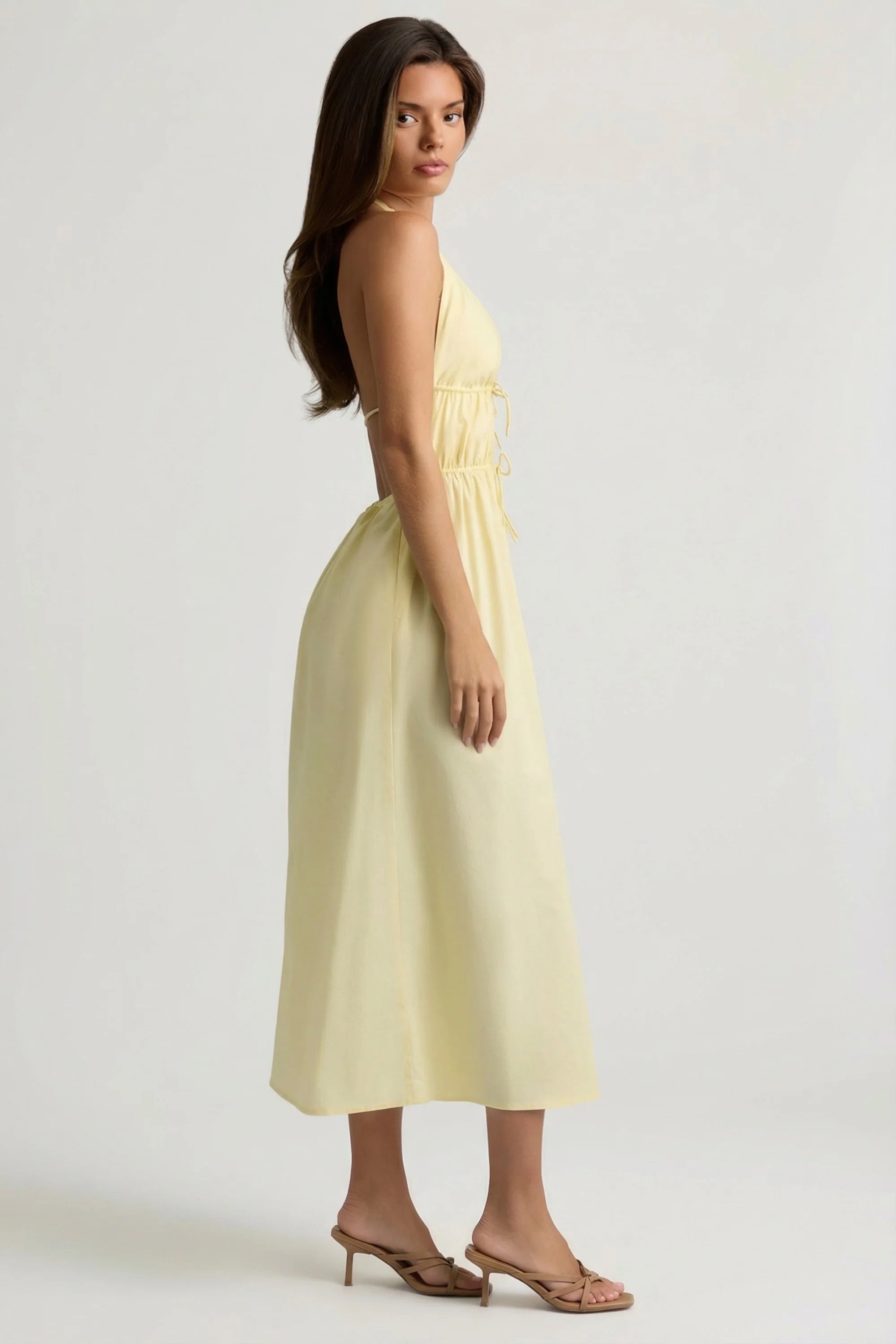 Backless Cotton Poplin Midaxi Dress in Lemon Yellow