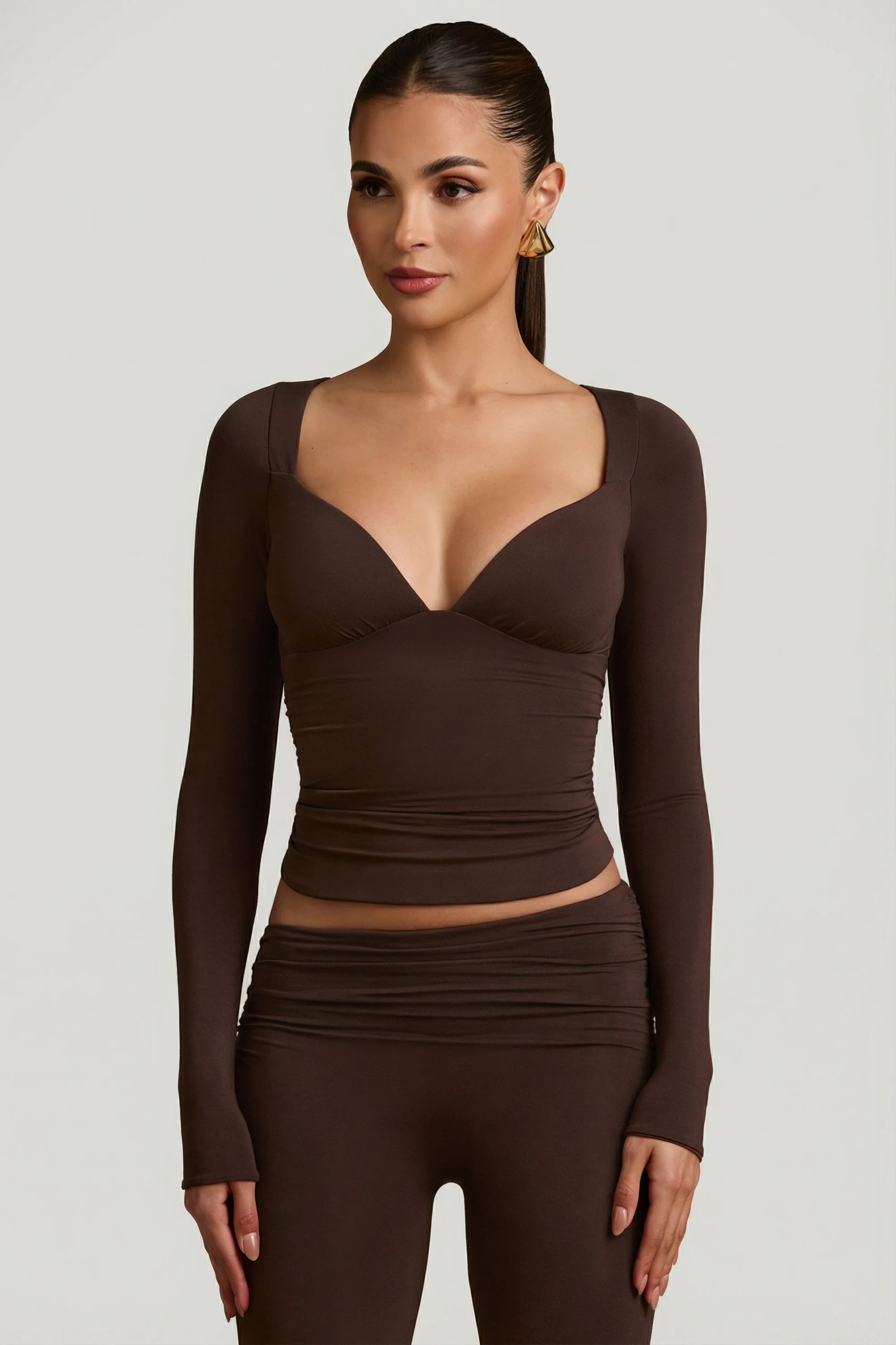 Modal Ruched Long Sleeve Top in Chocolate Brown