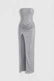 Embellished Bandeau Cowl Waist Maxi Dress in Silver