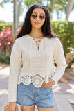 Harrisyn Ivory Cropped Crochet V Neck Hoodie