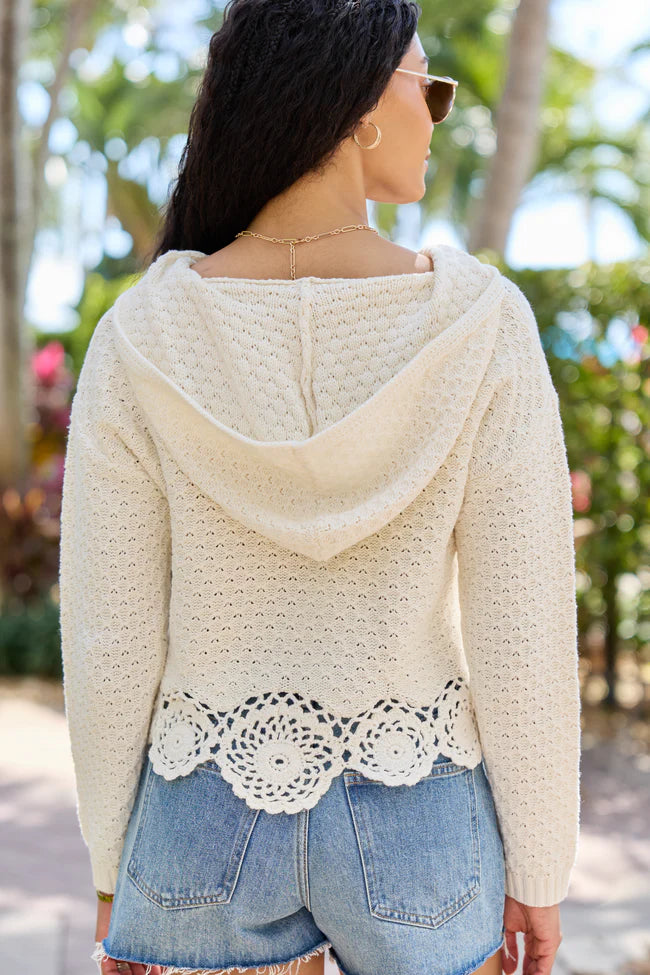 Harrisyn Ivory Cropped Crochet V Neck Hoodie
