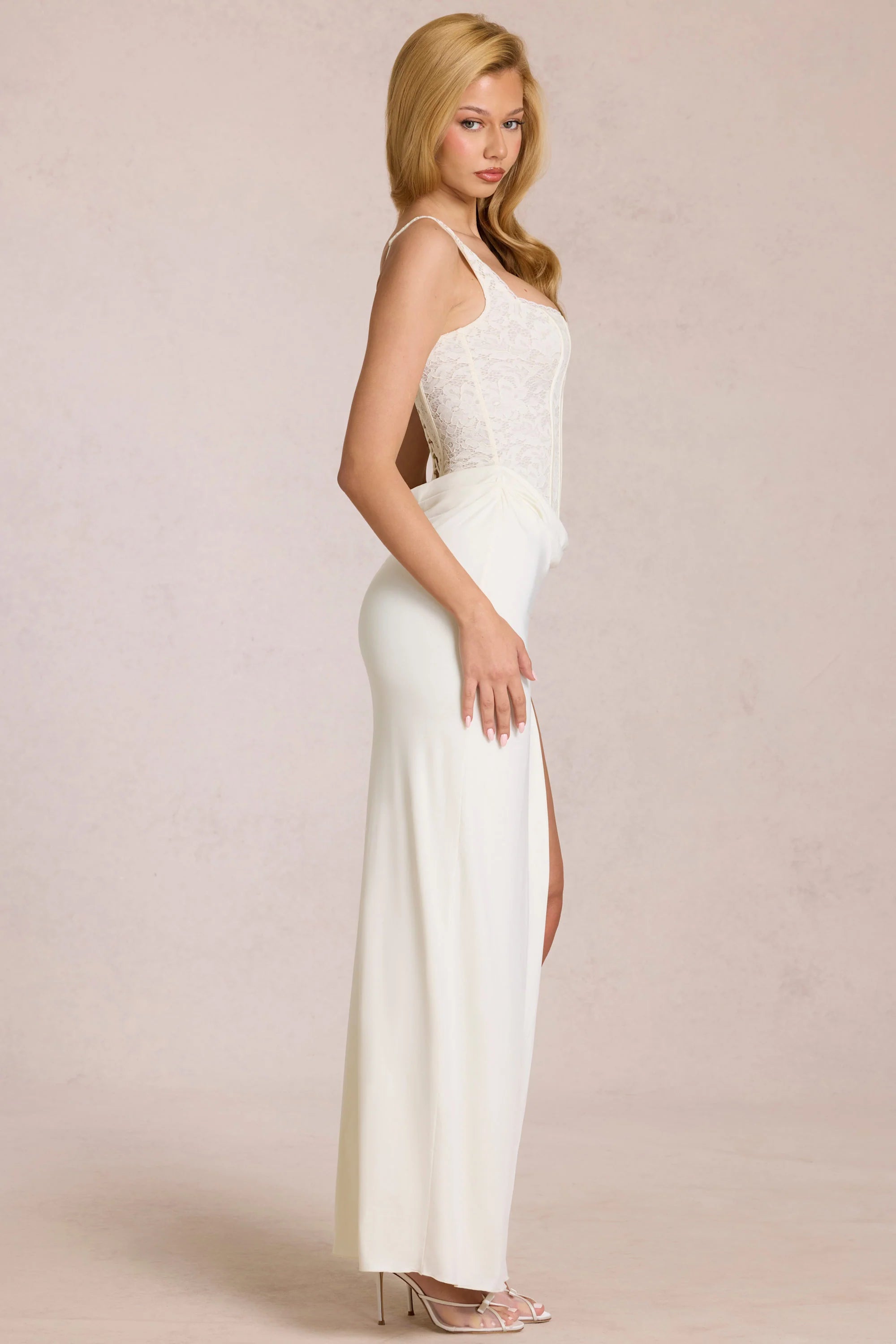 Lace Corset Maxi Dress in Pearl
