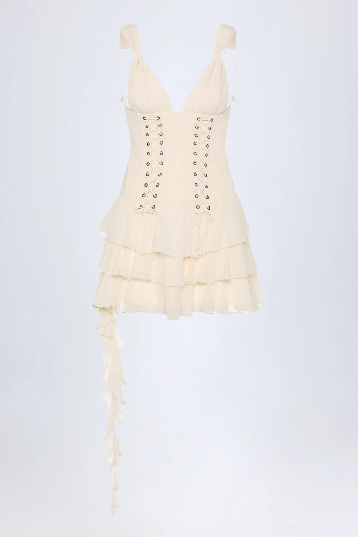 Lace Up Ruffled Tiered Mini Dress in Ivory