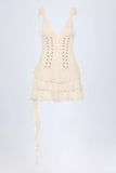 Lace Up Ruffled Tiered Mini Dress in Ivory
