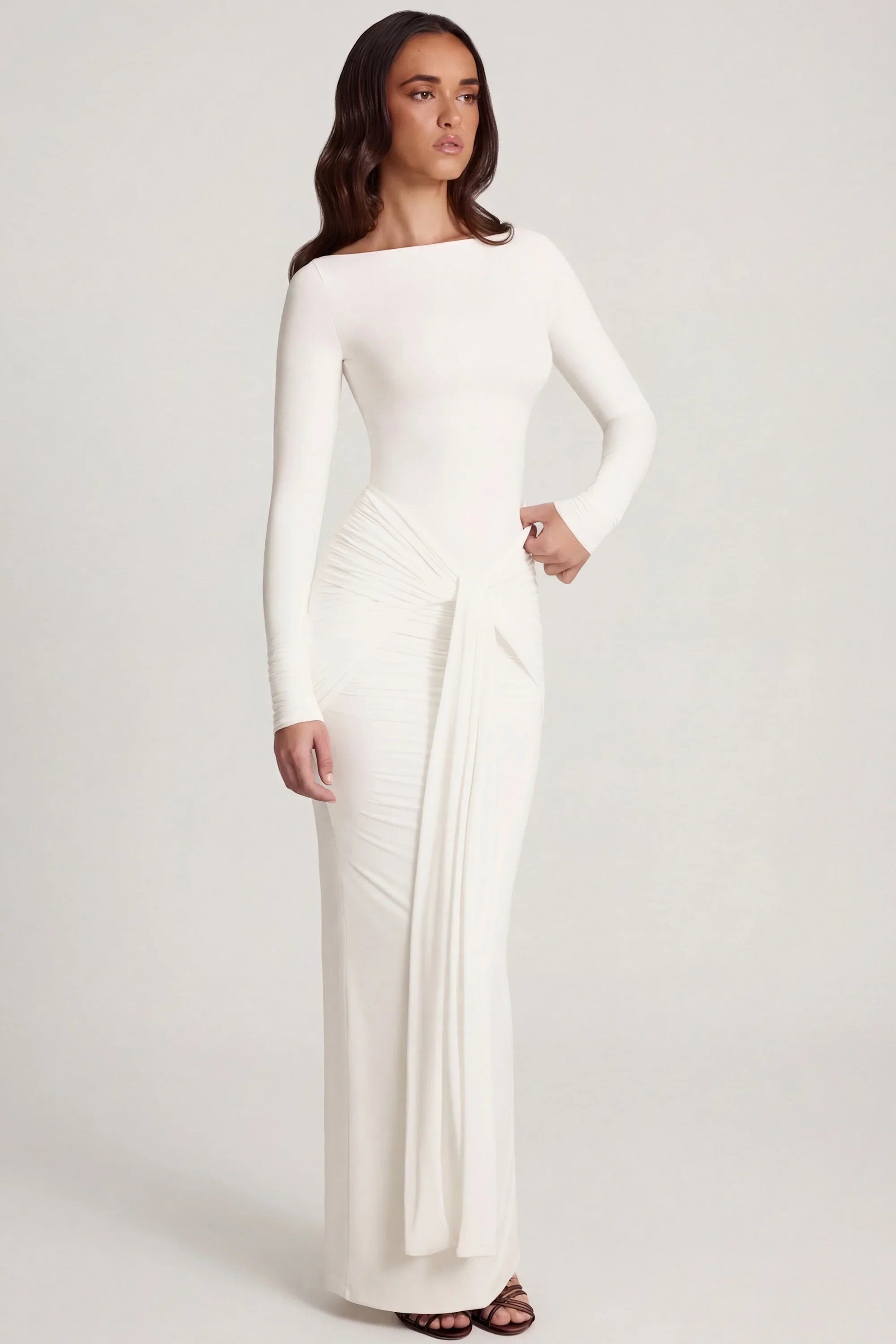 Soft Jersey Boat Neck Tie Gather Maxi Dress in White