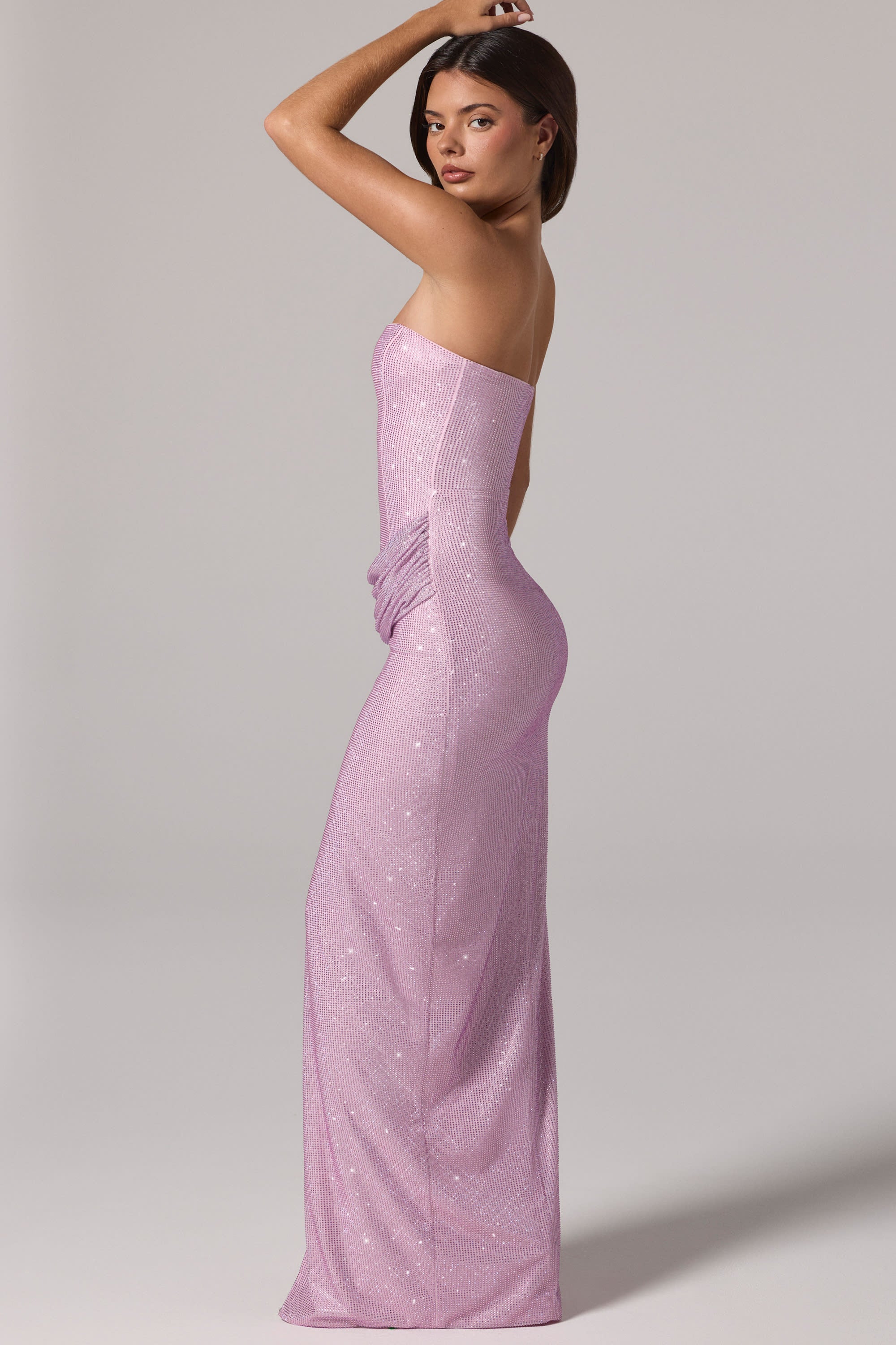 Embellished Bandeau Cowl Waist Maxi Dress in Pink