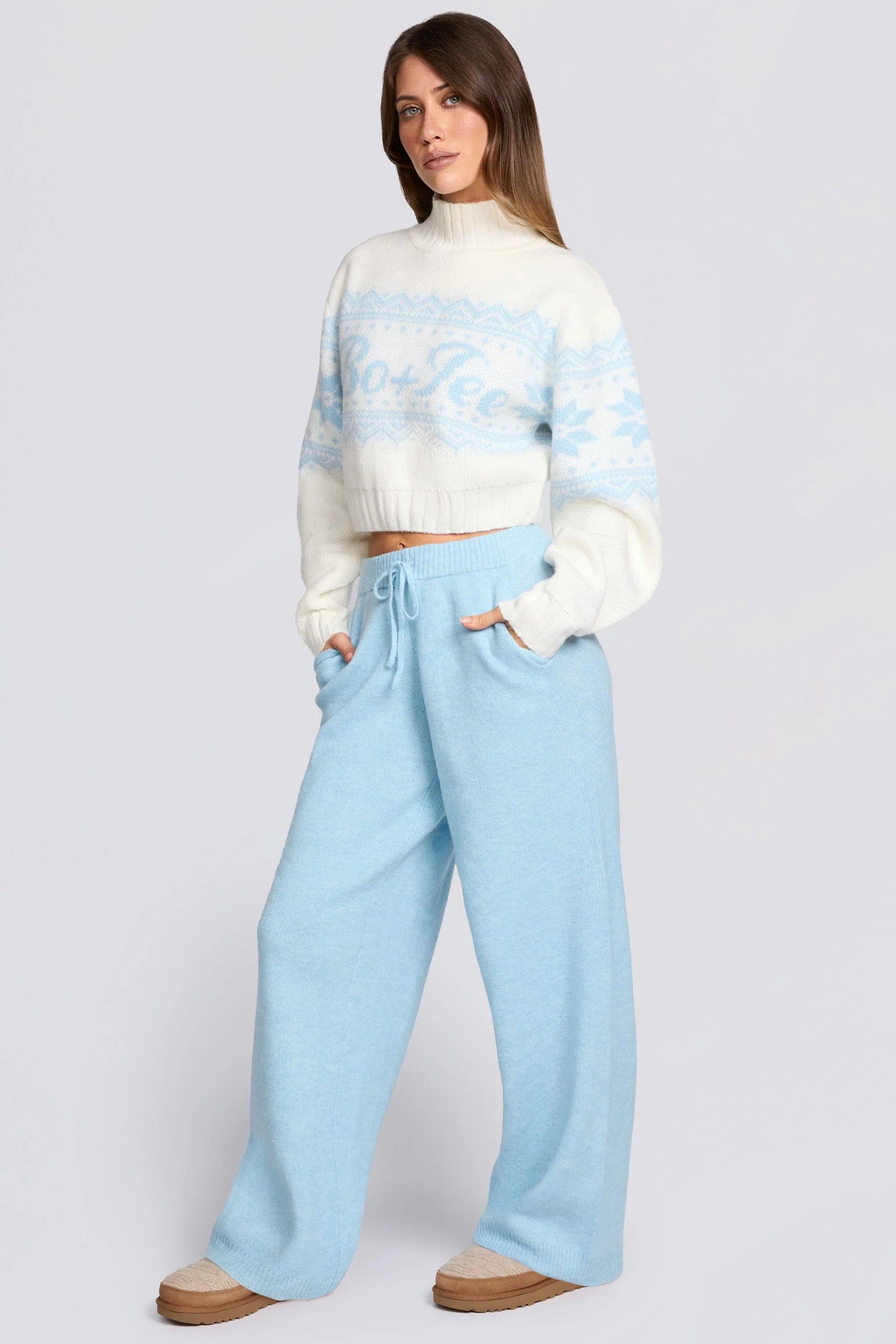 Knit Mid Rise Wide Leg Joggers in Powder Blue