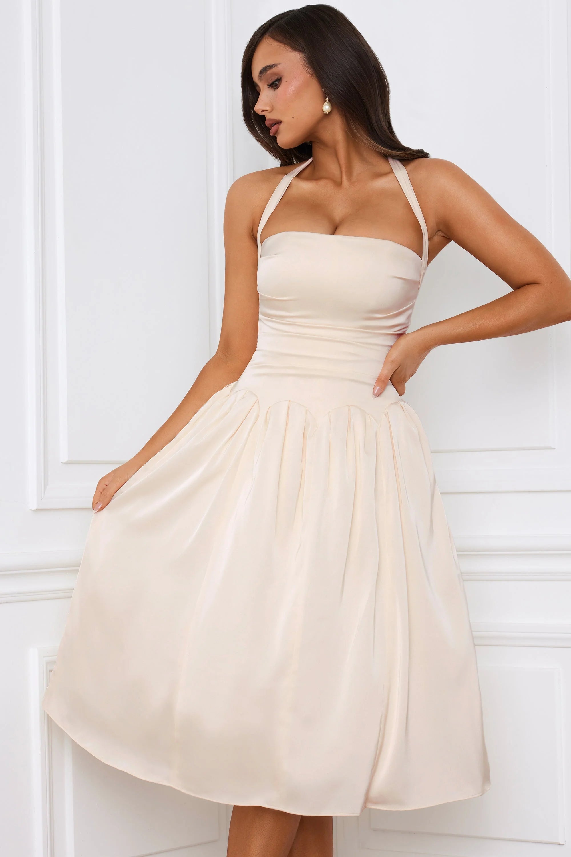 Halterneck Lace Up Ruched Corset Midi Dress in Ivory