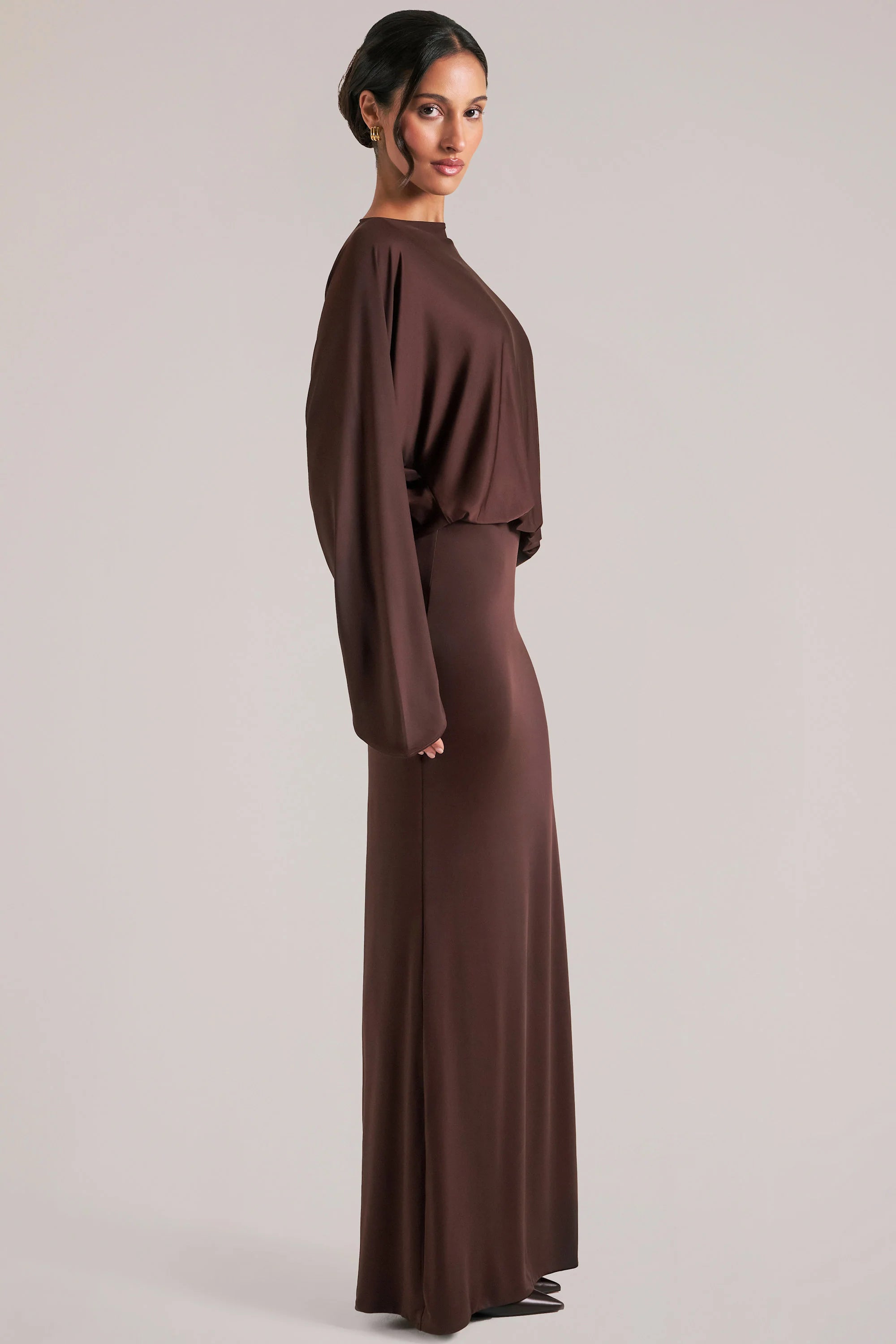 Long Sleeve Draped Maxi Dress in Chocolate Brown