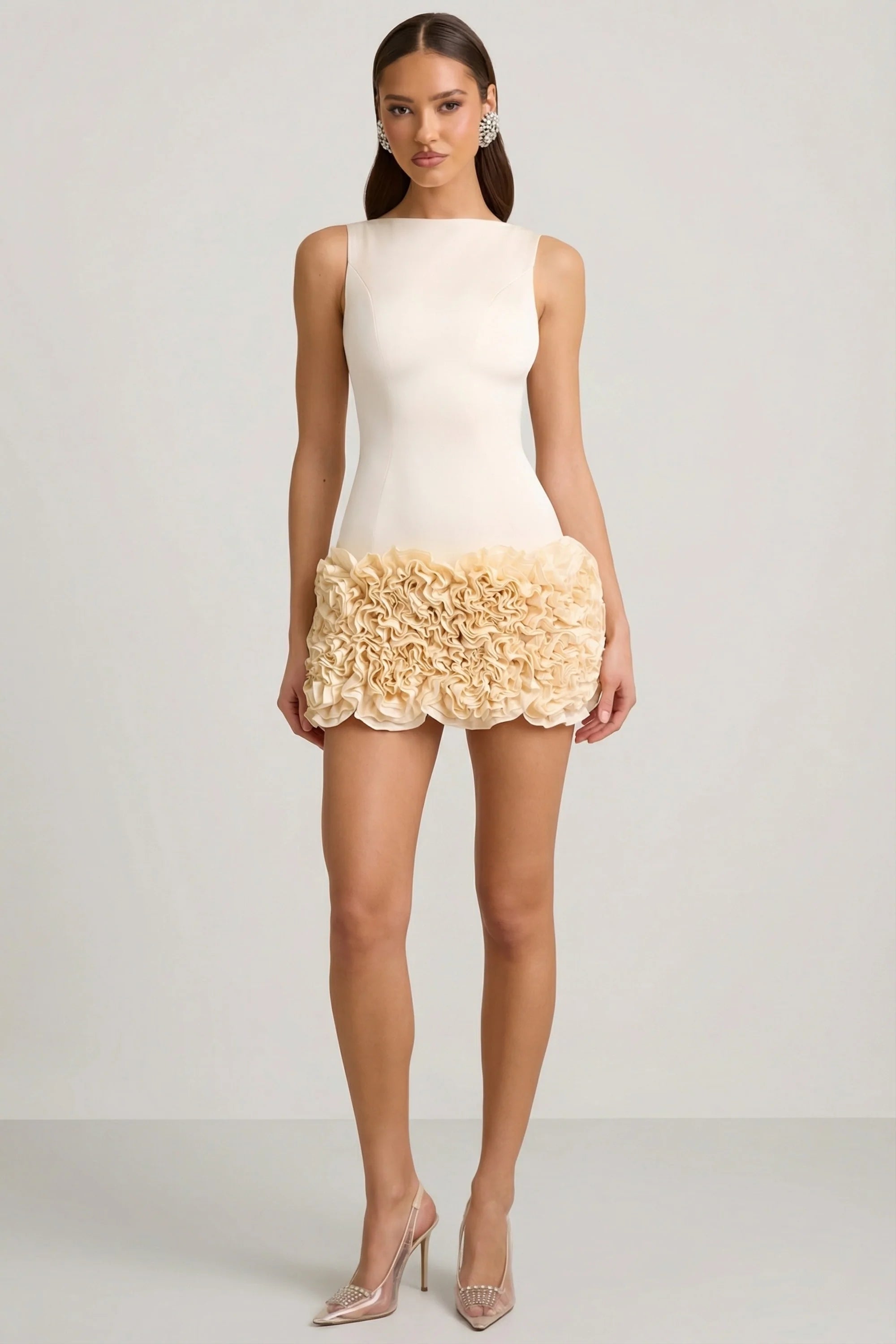 Satin Floral Appliqué Open Back Mini Dress in Ivory