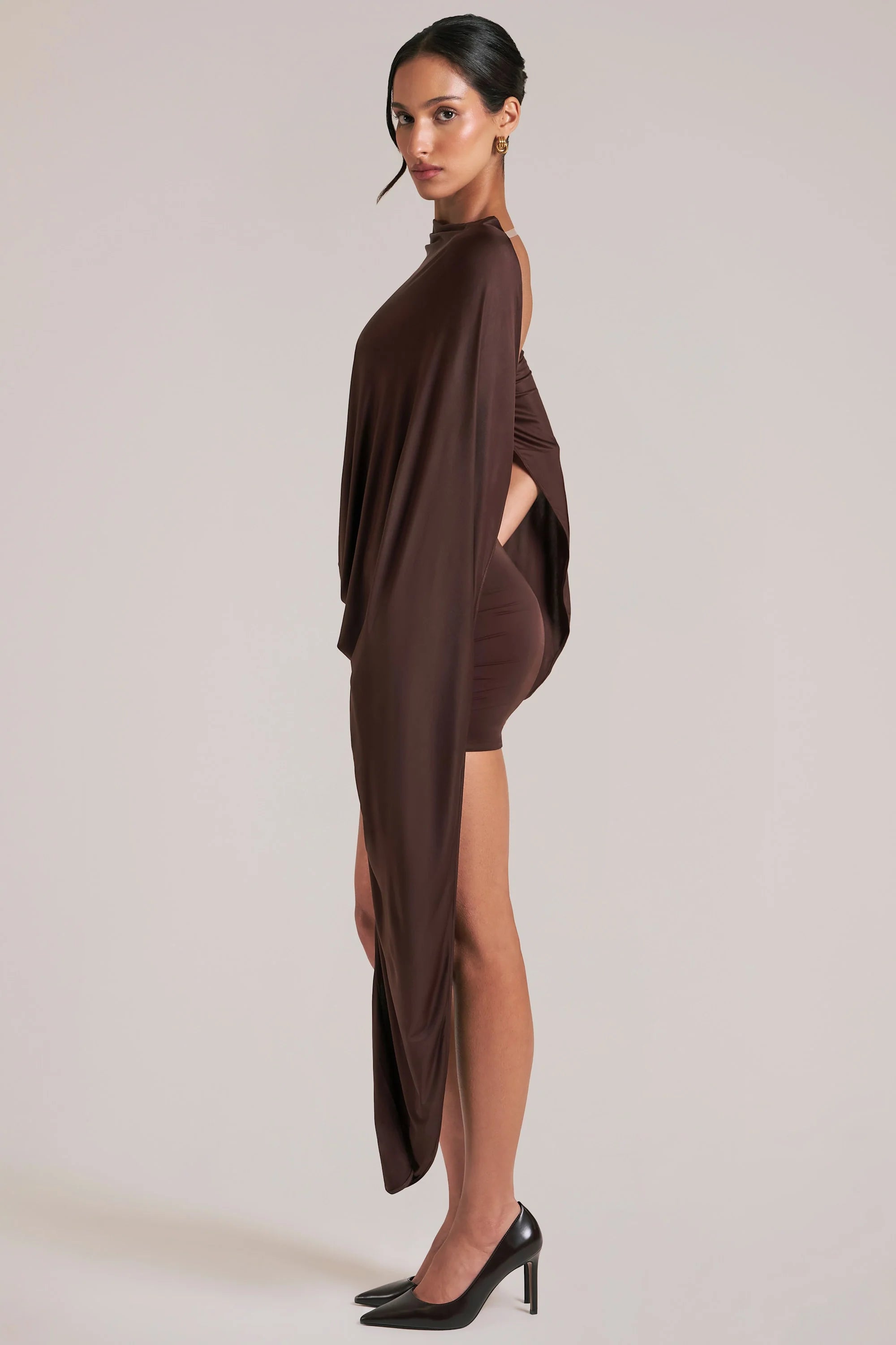 Draped Cape Mini Dress in Chocolate Brown