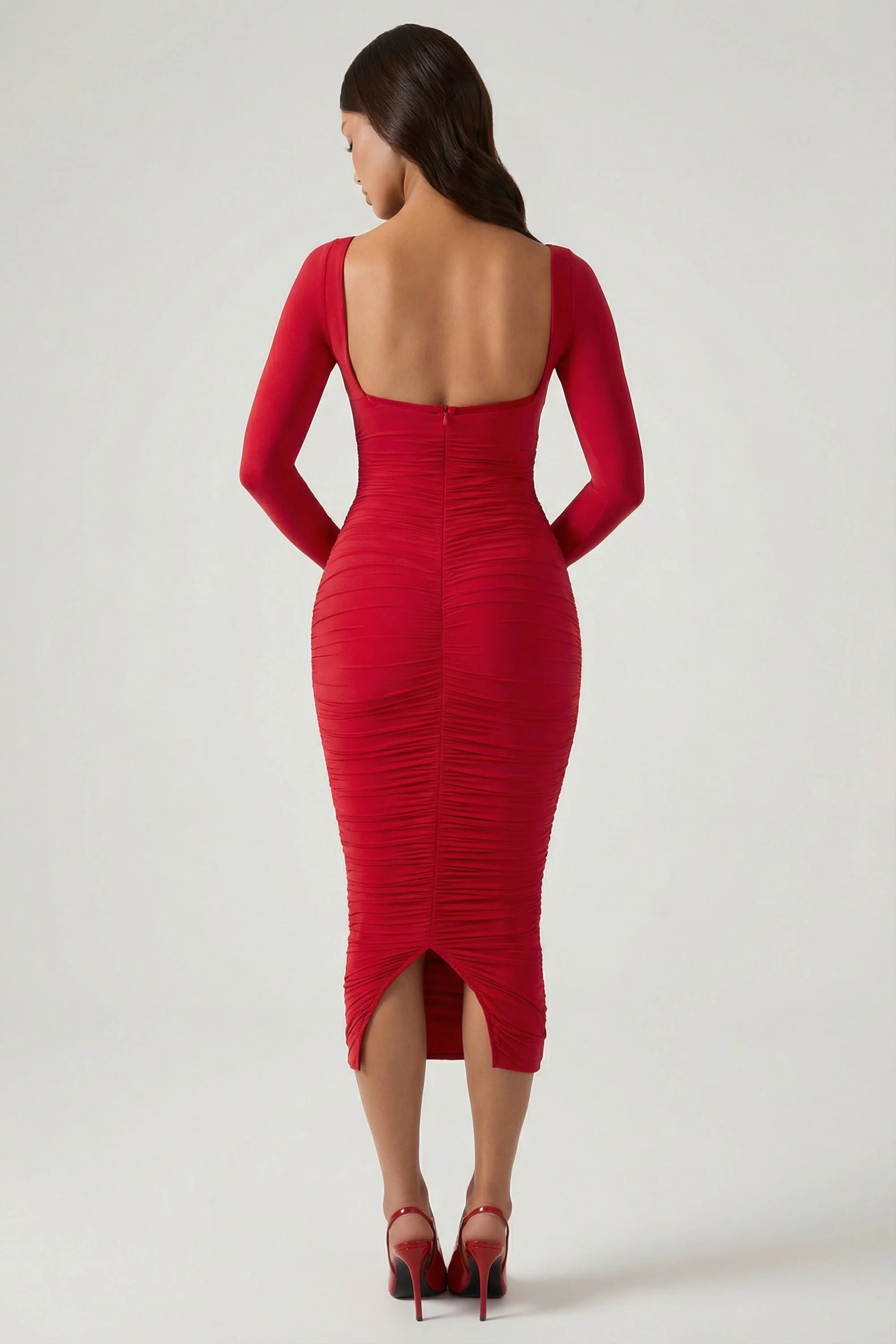 Layered Bra Detail Ruched Midaxi Dress in Red