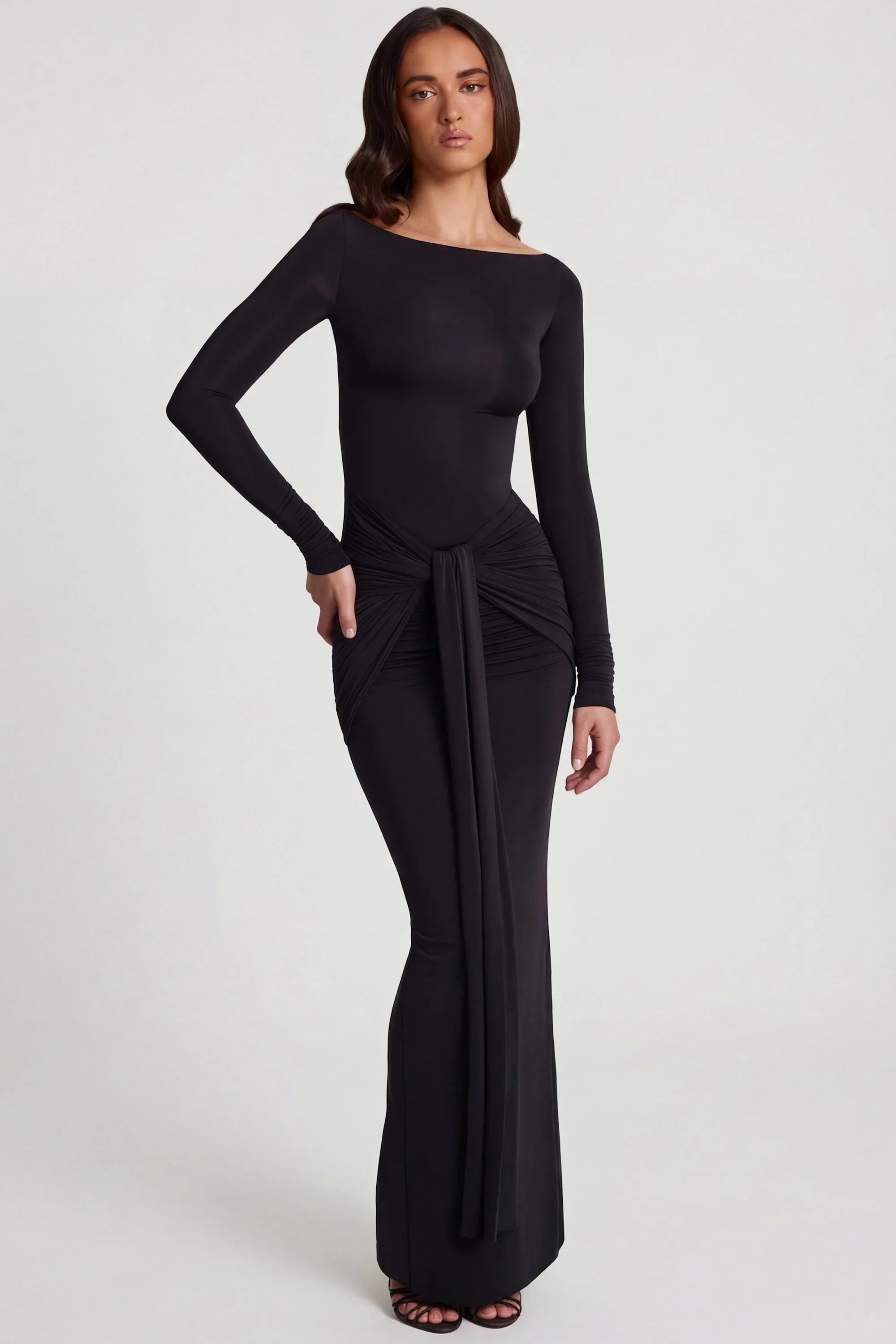 Soft Jersey Boat Neck Tie Gather Maxi Dress in Black
