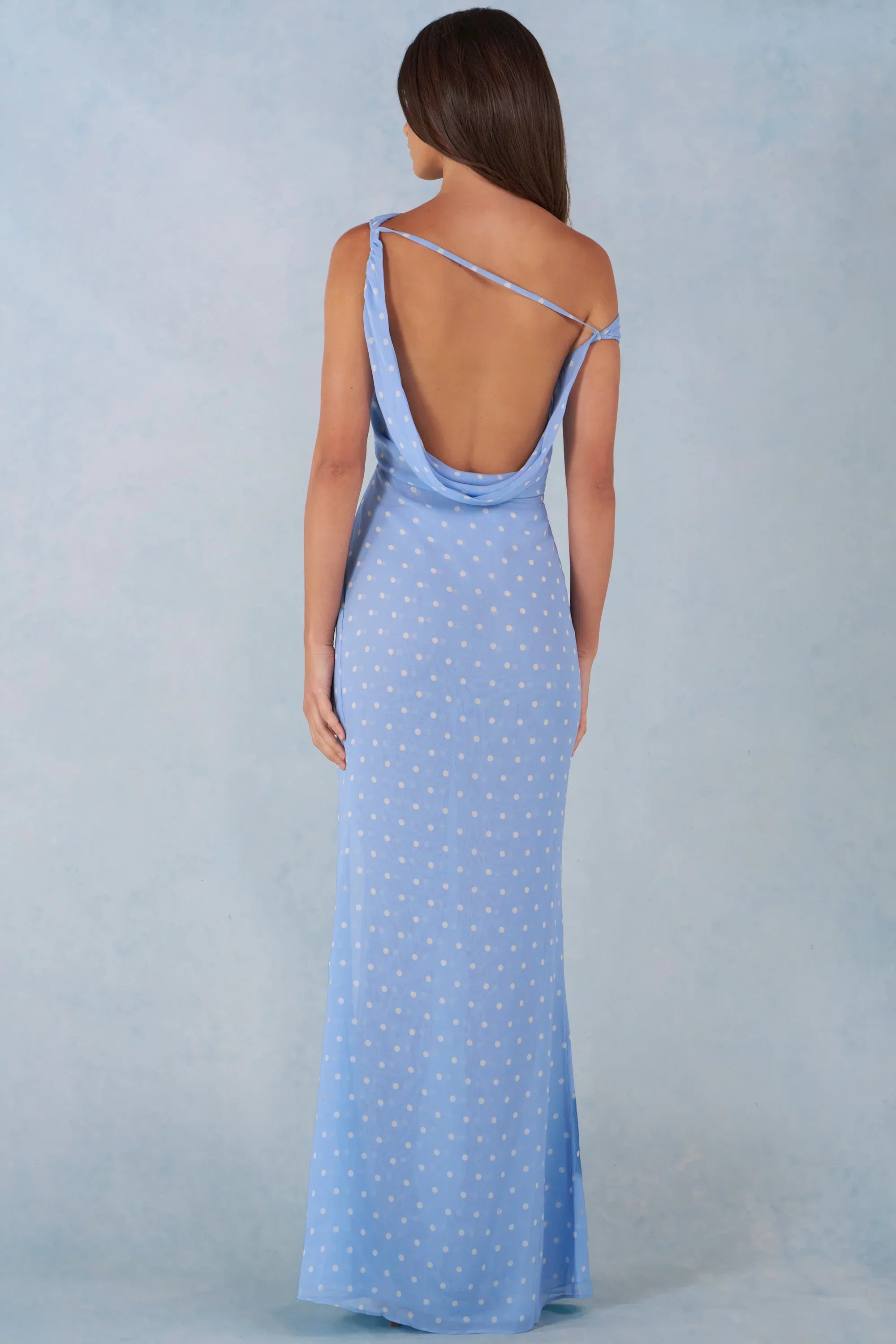 One Shoulder Maxi Dress in Blue Polka Dot Print