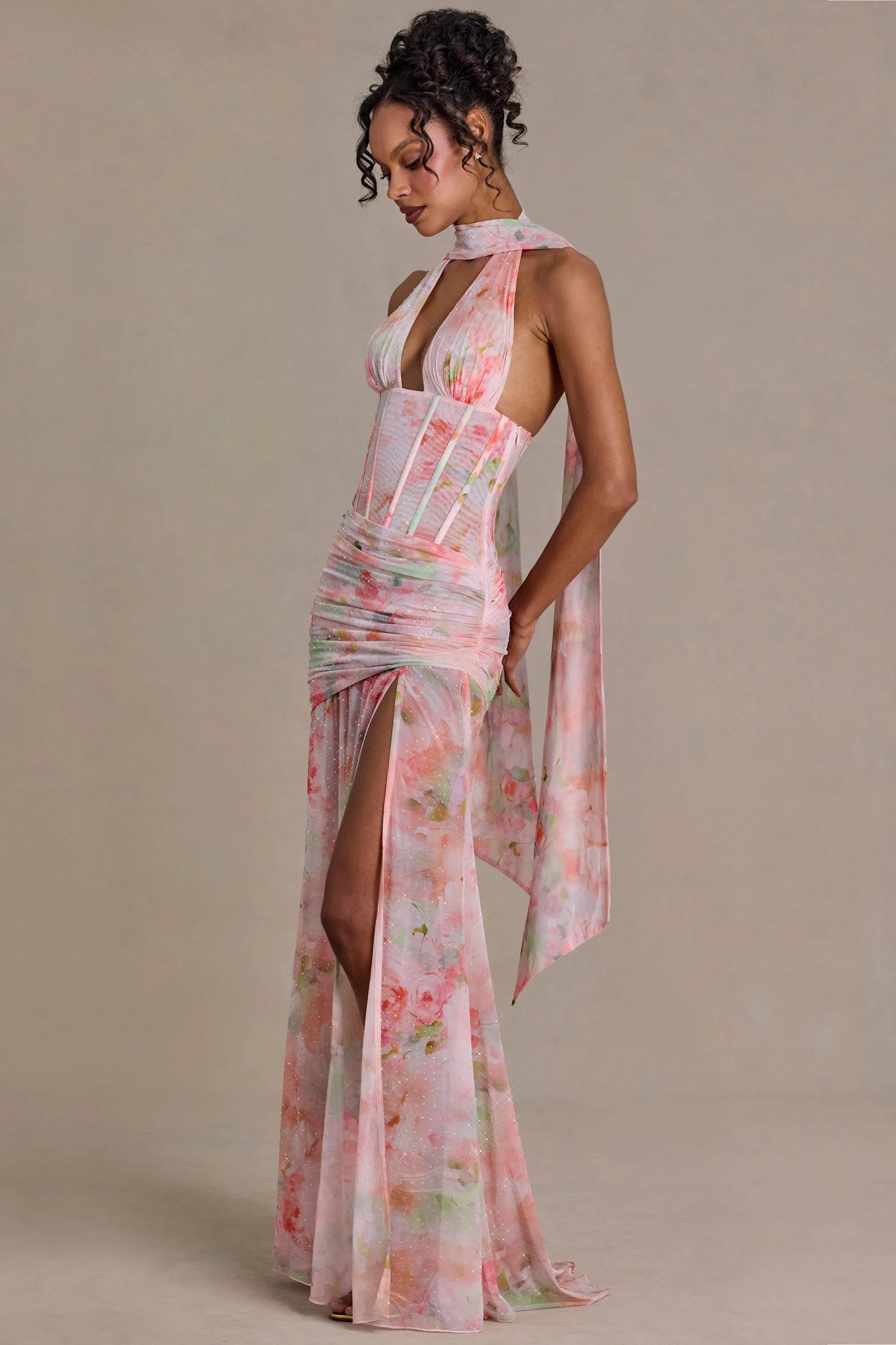 Embellished Scarf Detail Maxi Dress in Pink Floral Print