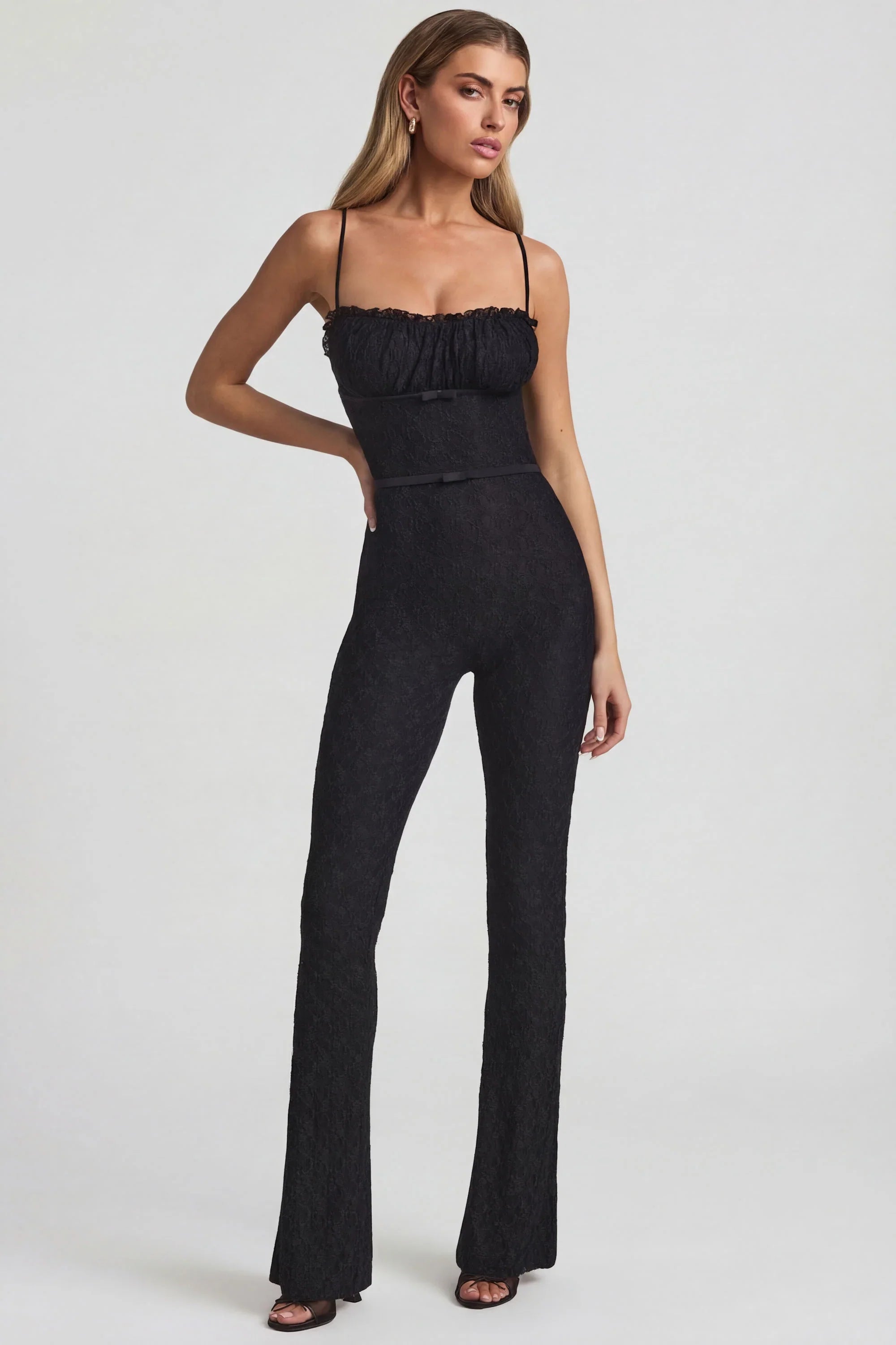 Bow Detail Lace Flared Jumpsuit in Black