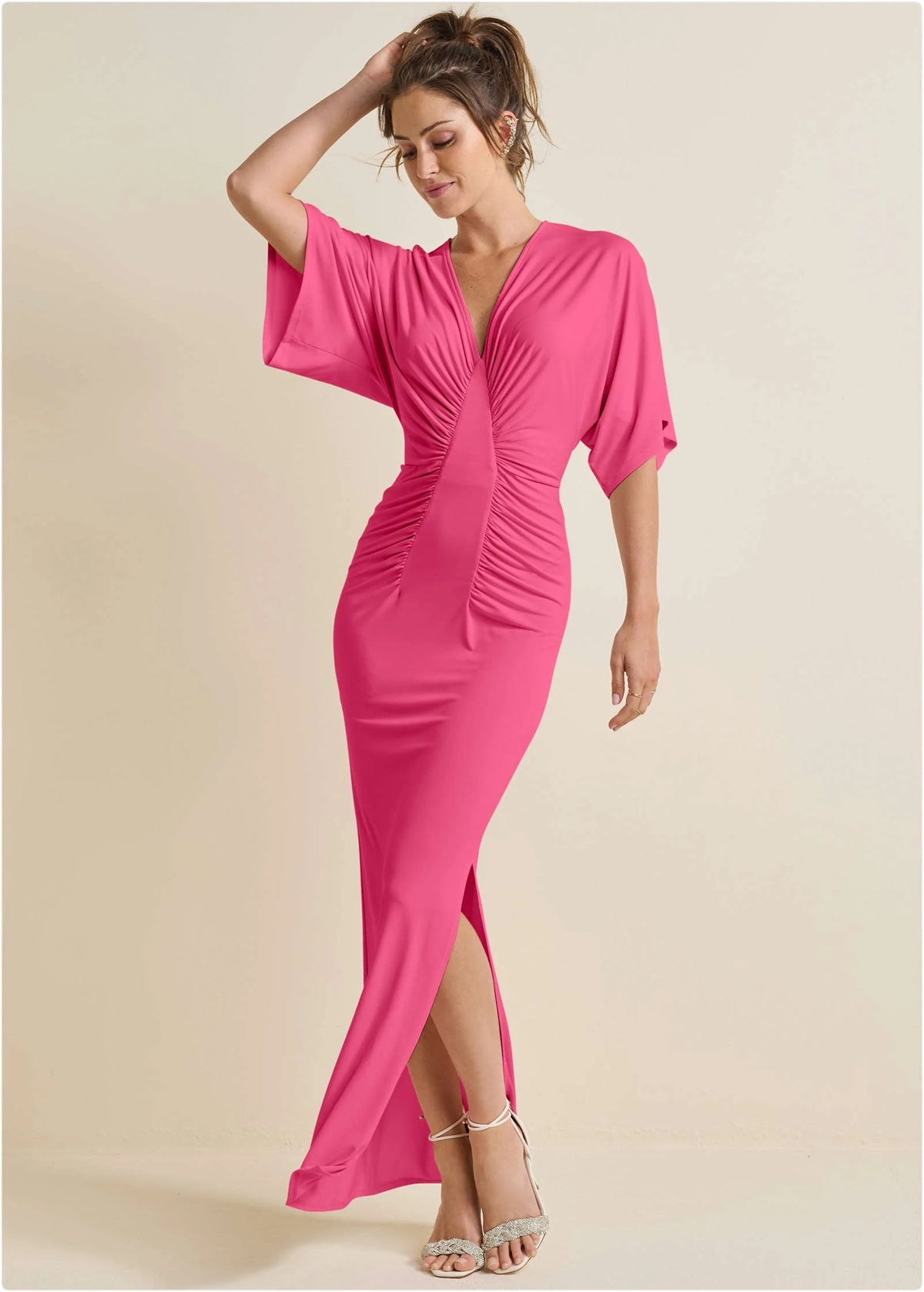 Drape Sleeve Maxi Dress Hot Pink