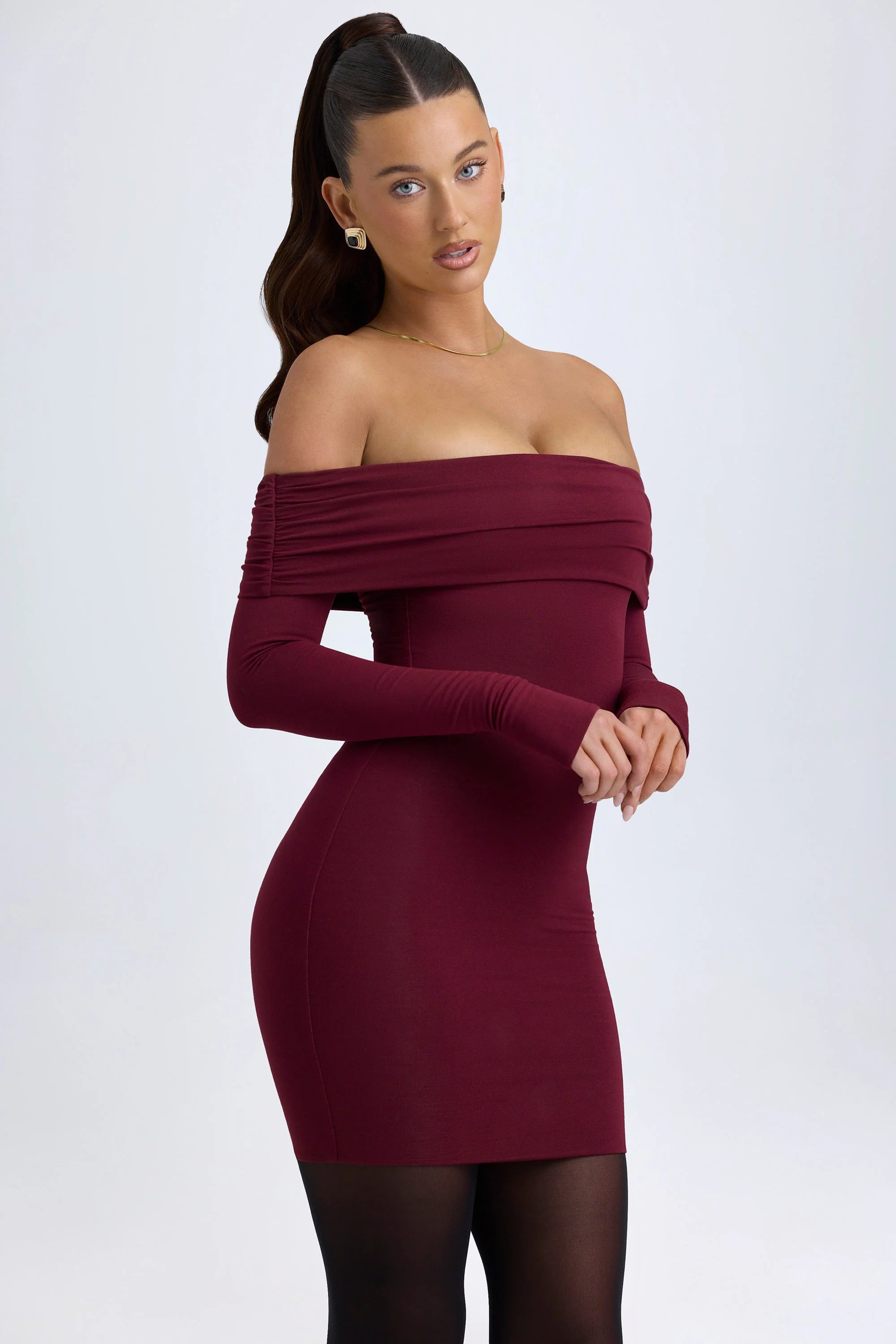 Modal Off Shoulder Mini Dress in Wine Red