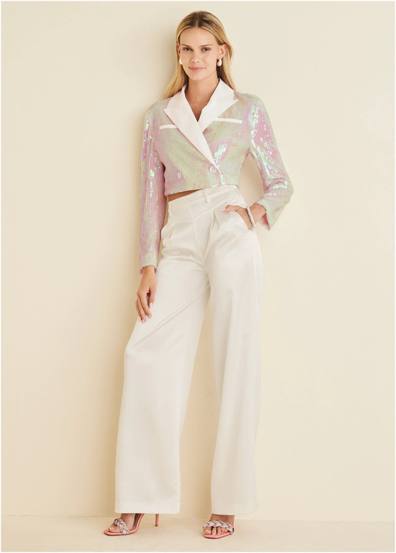 Cropped Sequin Blazer Pearl White