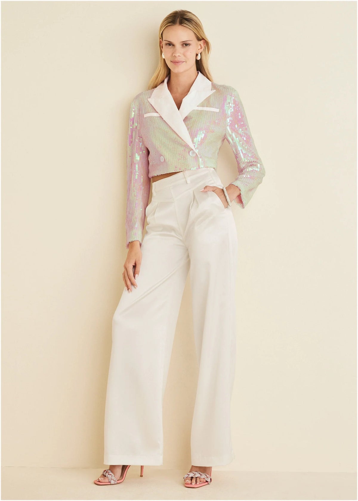 Cropped Sequin Blazer Pearl White