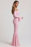 Off Shoulder Ruffle Lace Maxi Dress in Soft Pink