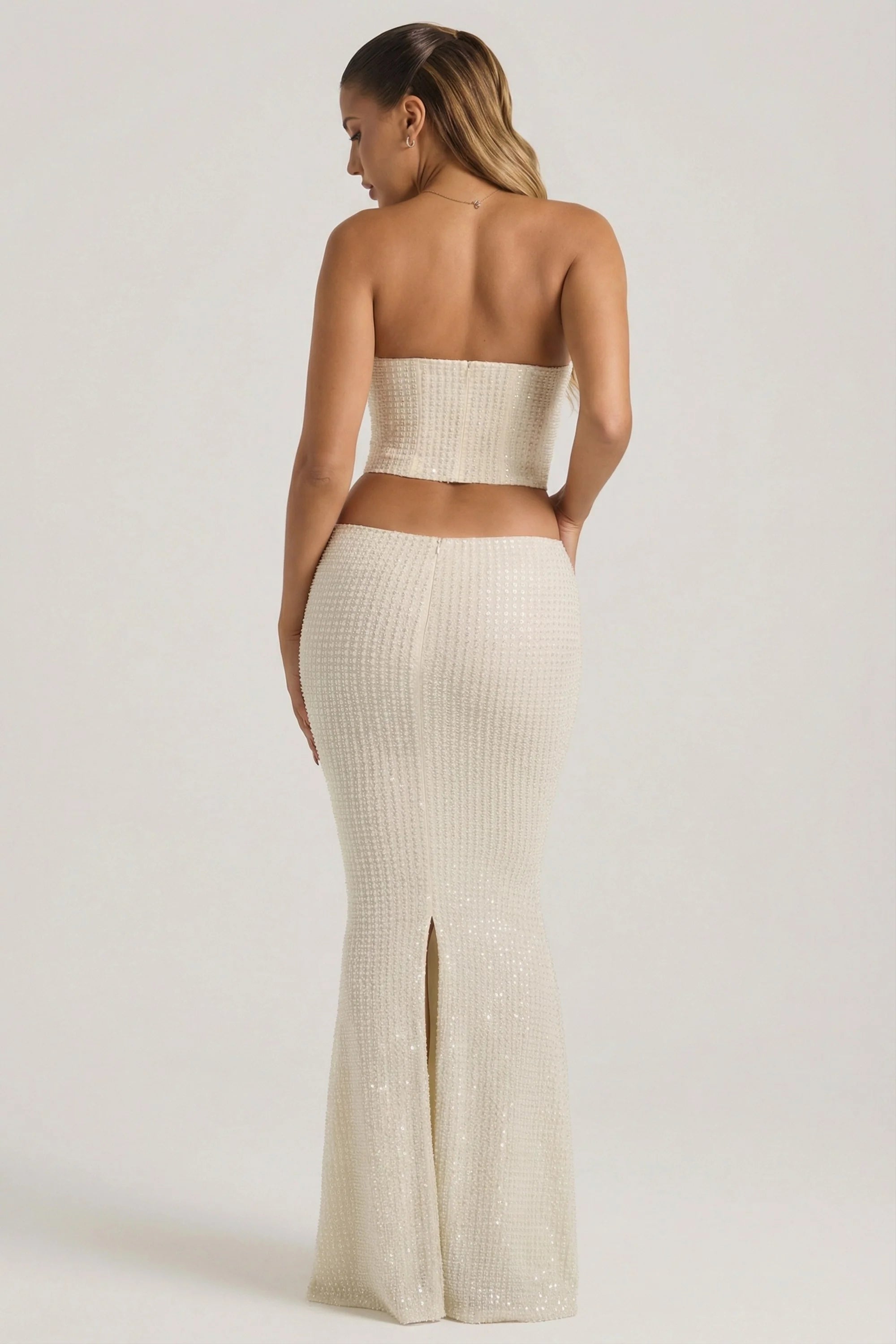 Embellished Cut Out Draped Corset Gown in White