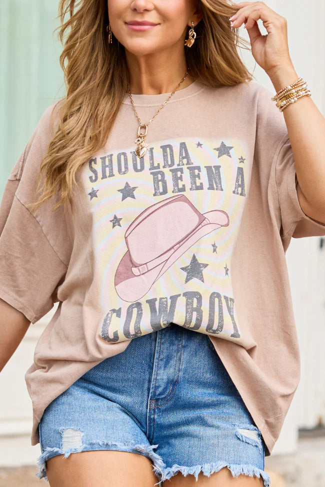 Shoulda Been A Cowboy Taupe Oversized Graphic Tee