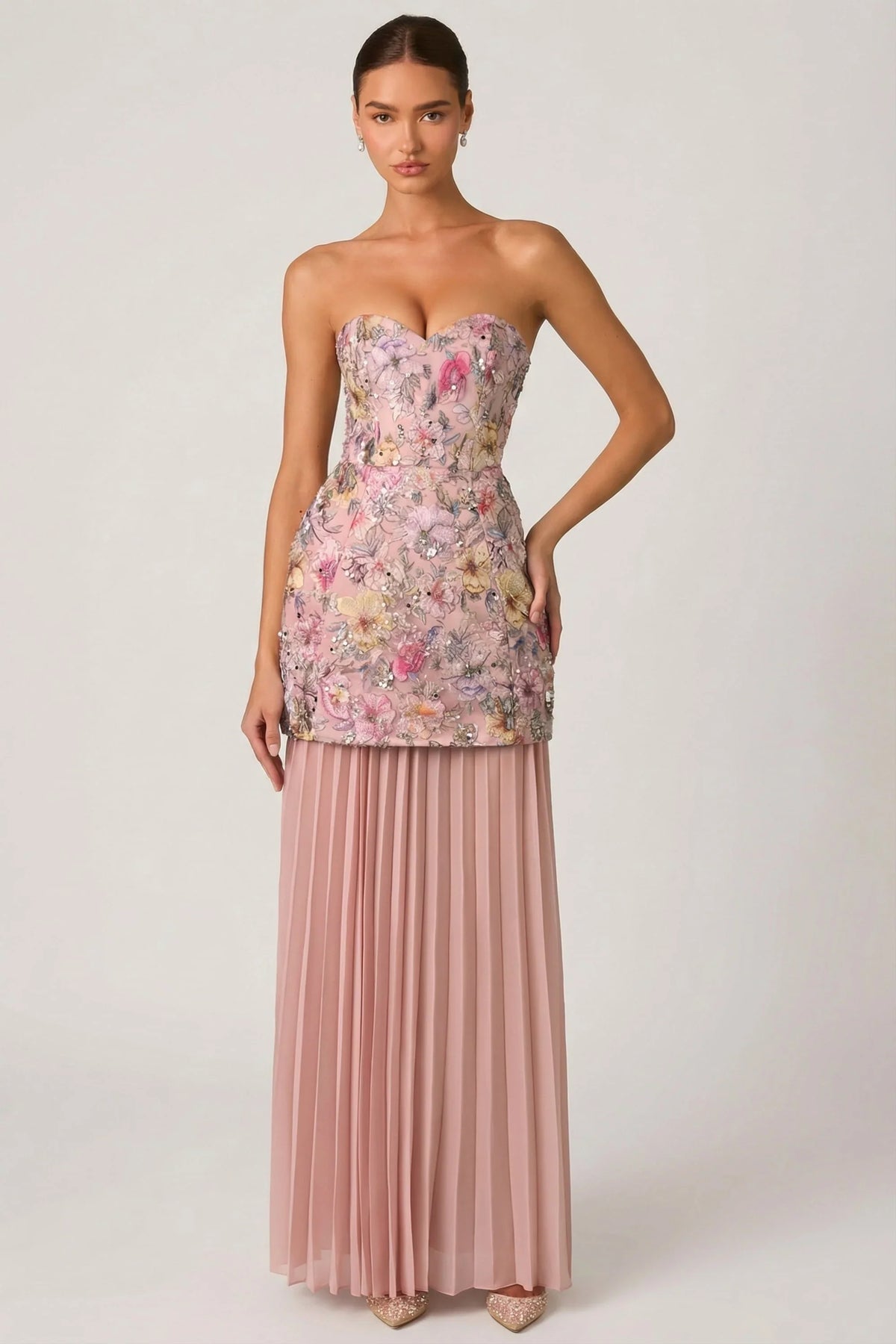 Embellished Convertible Lace Up Gown in Floral Pink