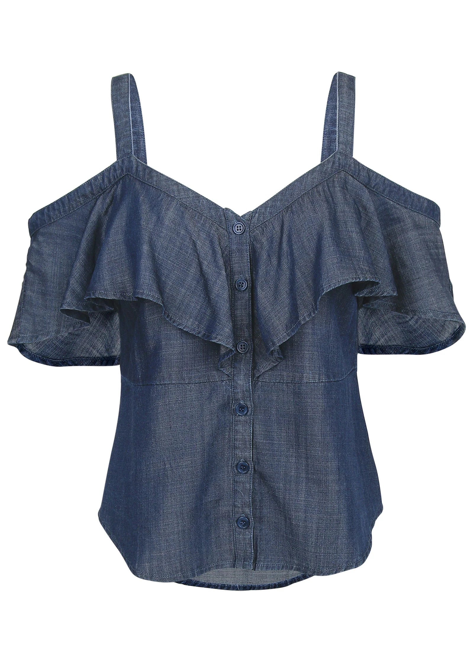 Chambray Ruffle Top Dark Wash