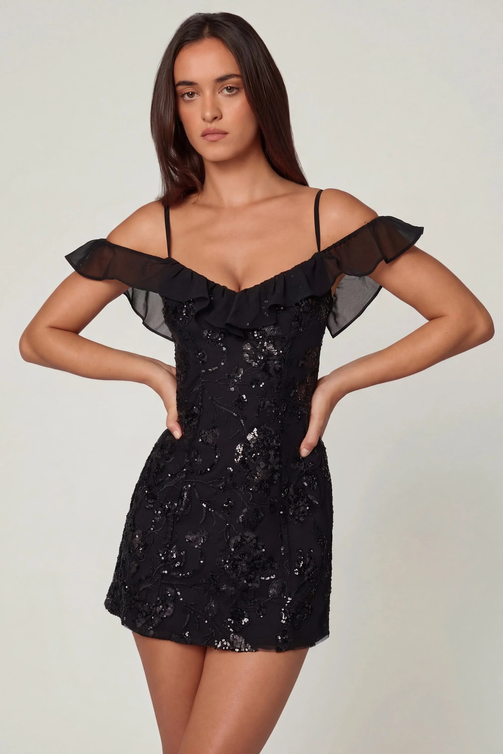 Embellished Lace Up A Line Mini Dress in Black