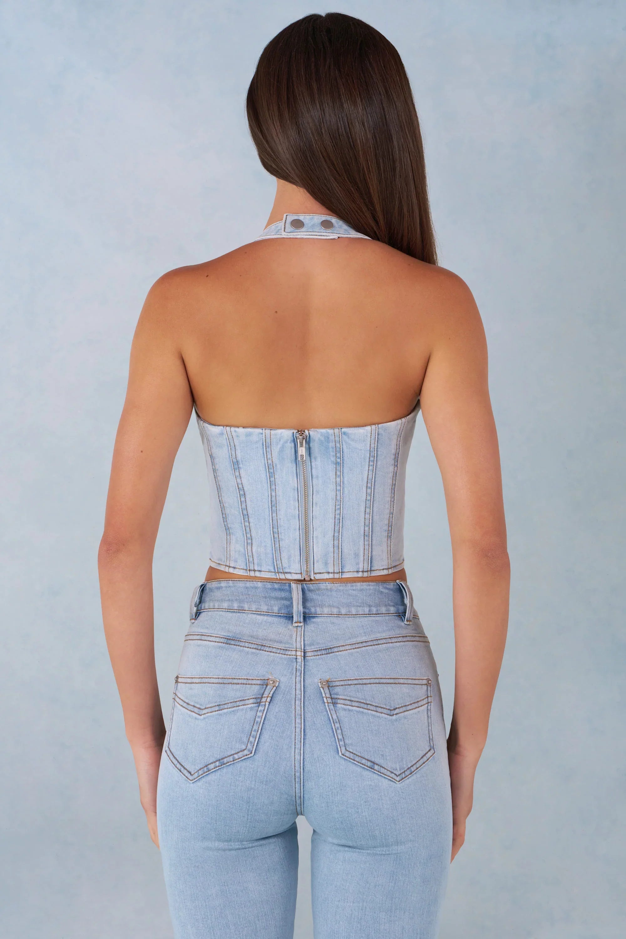 Halterneck Denim Corset Style Top in Light Denim