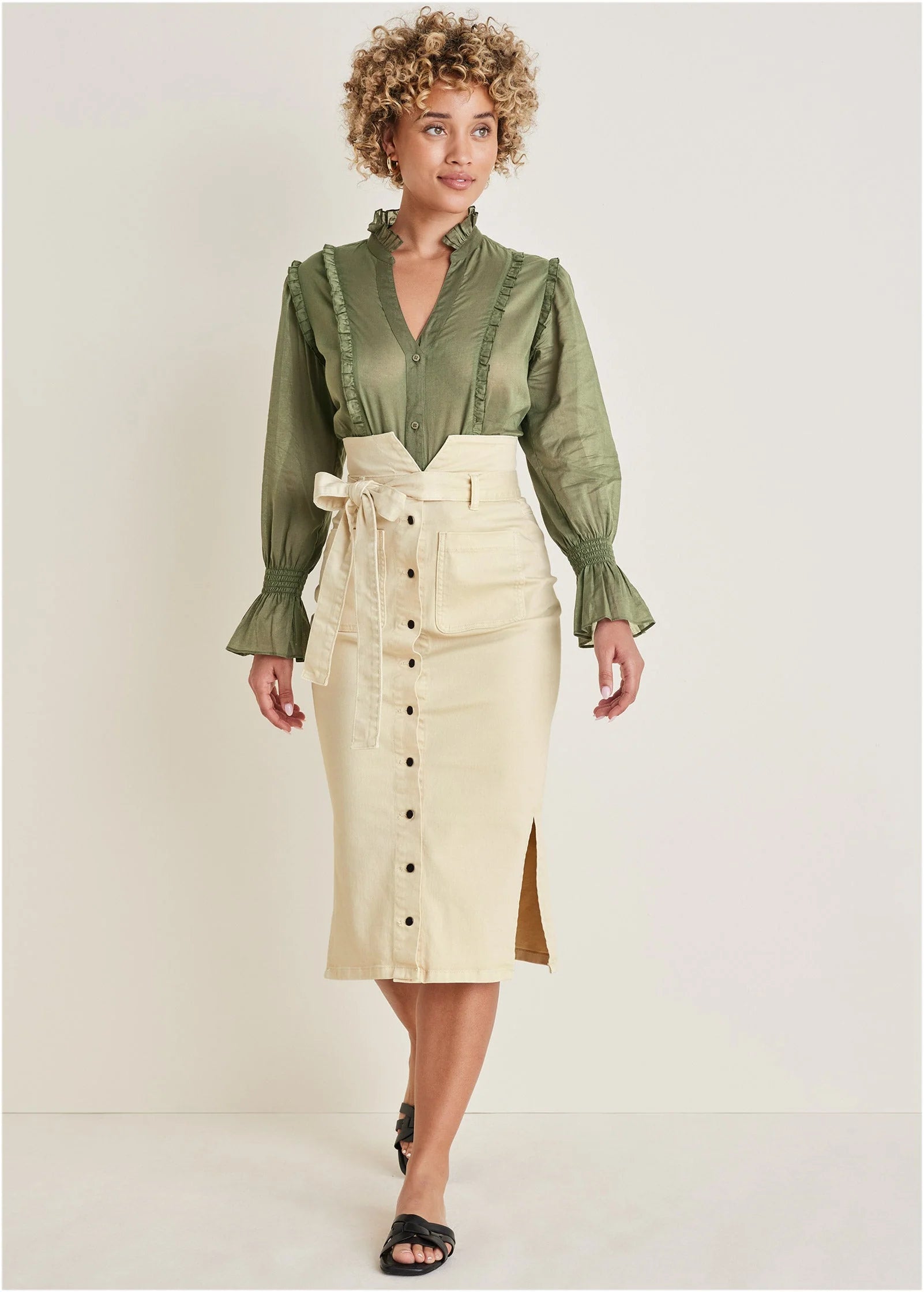 Color Denim Midi Skirt Cream