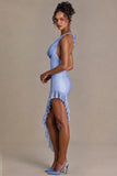 Embellished Plunge Asymmetric Maxi Dress in Sky Blue