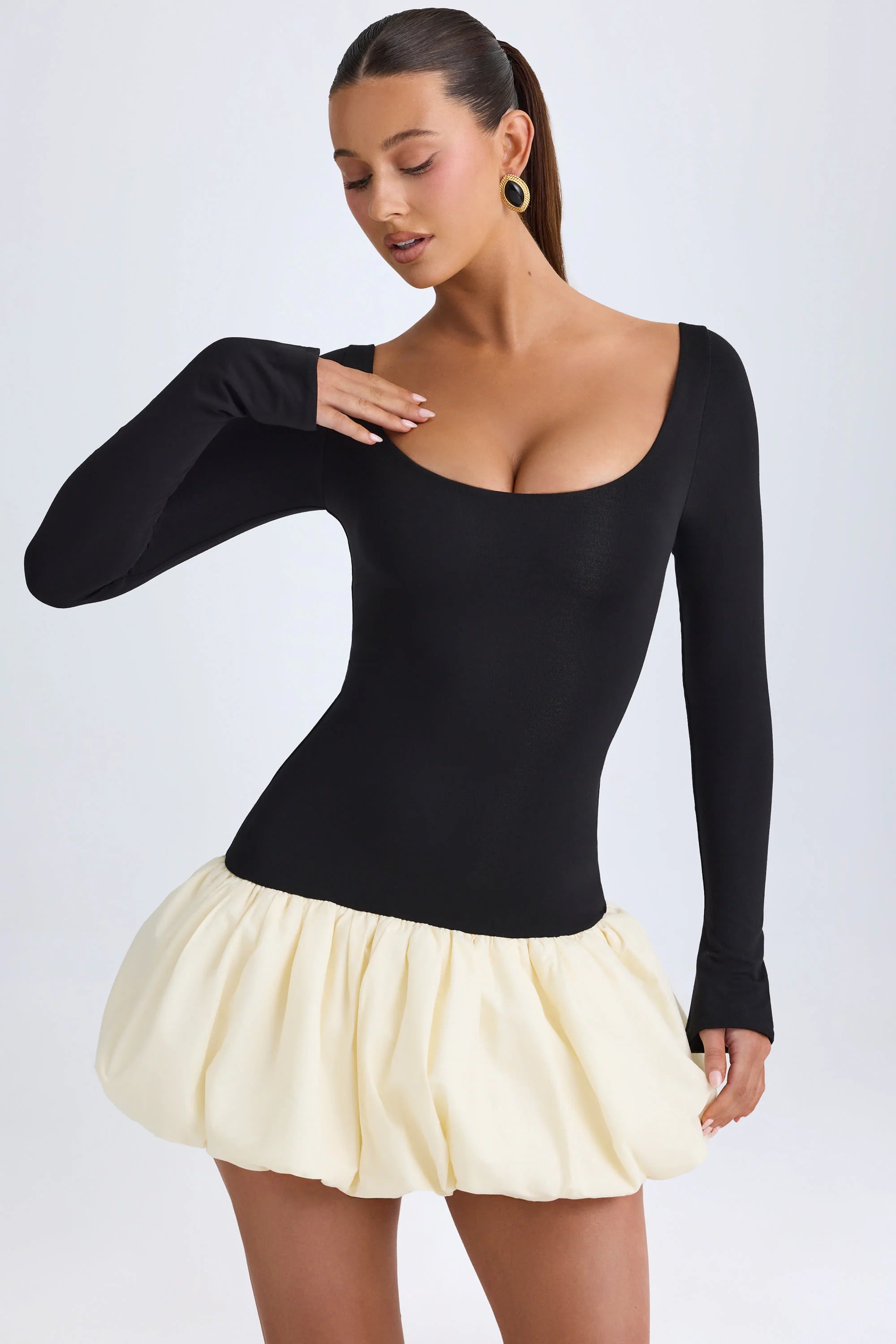 Modal Scoop Neck Drop Waist Bubble Hem Mini Dress in Vanilla