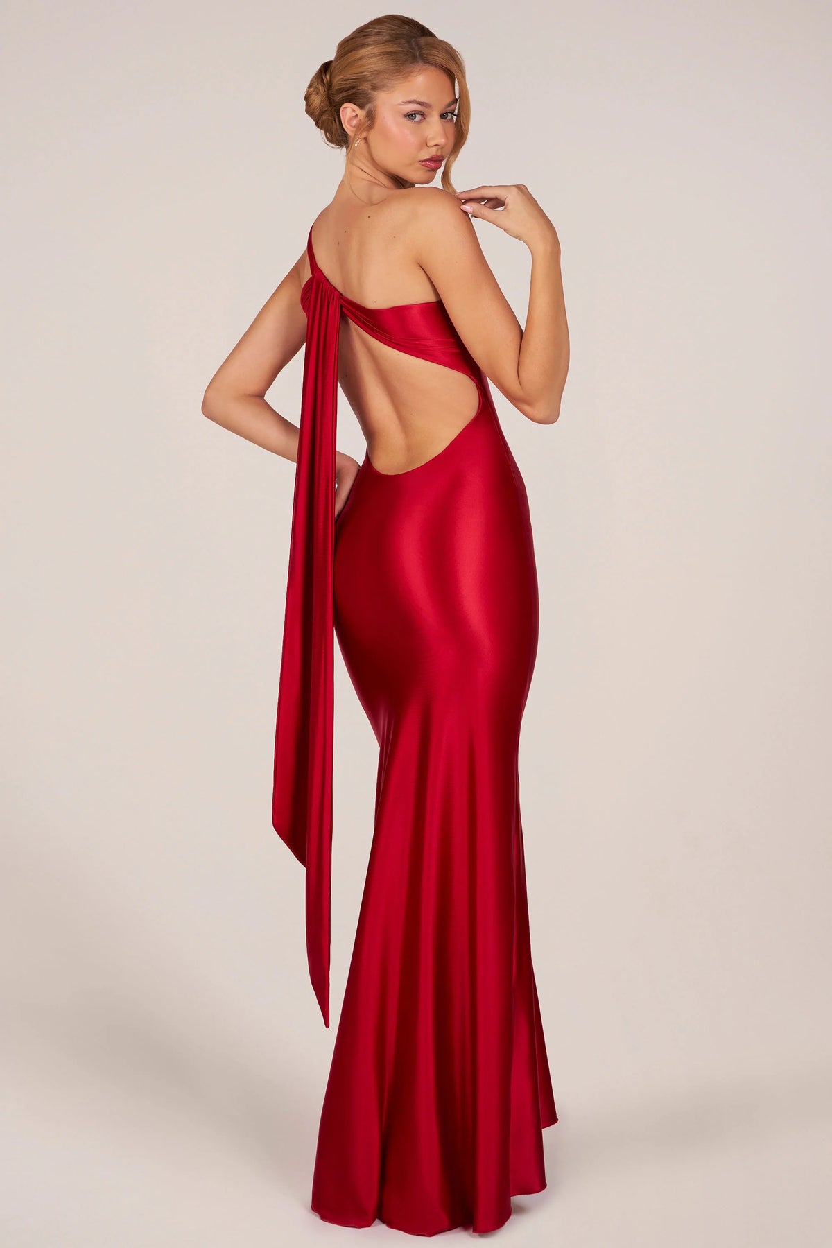 Asymmetric Tie Back Gown in Cherry