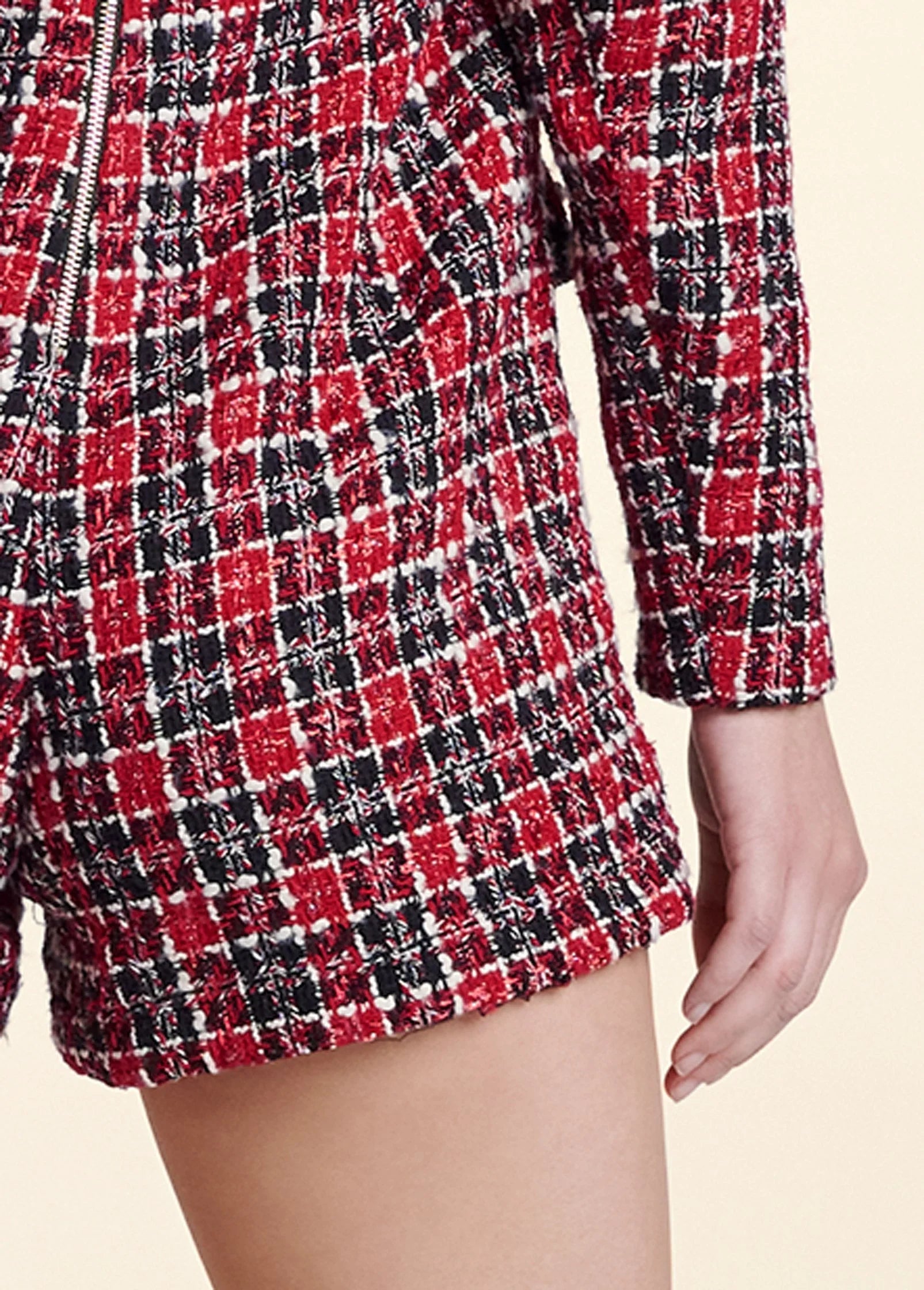 Tweed Button Detail Romper Red Black