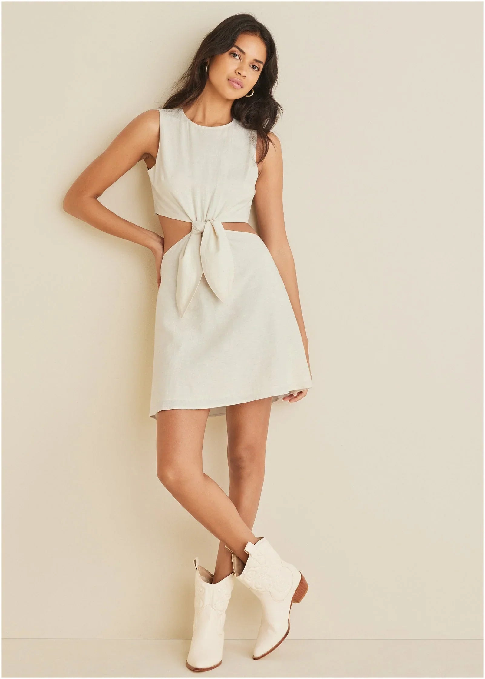 Linen Cutout Mini Dress Cream