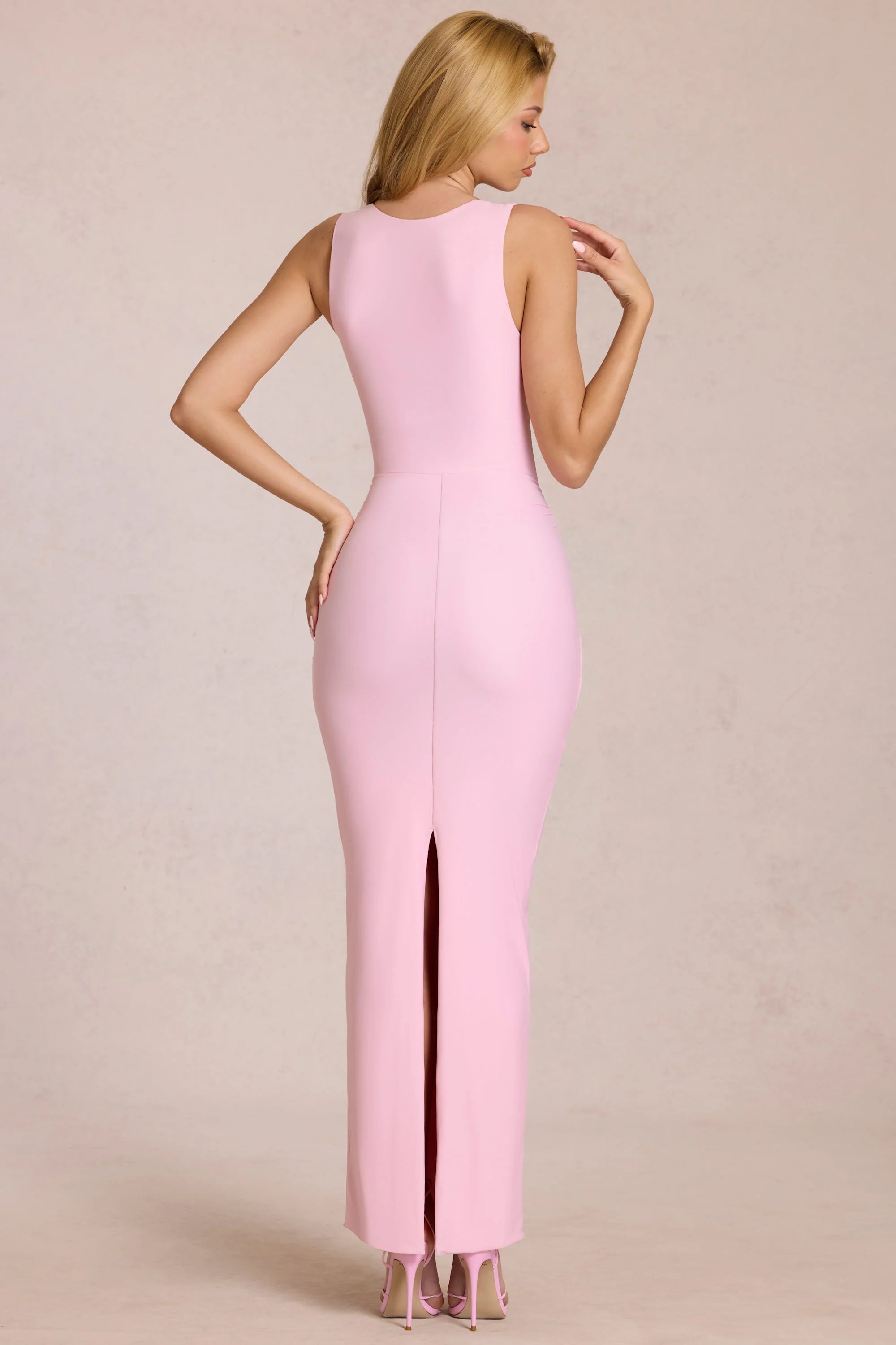 Square Neck Tie Gather Maxi Dress in Blossom Pink