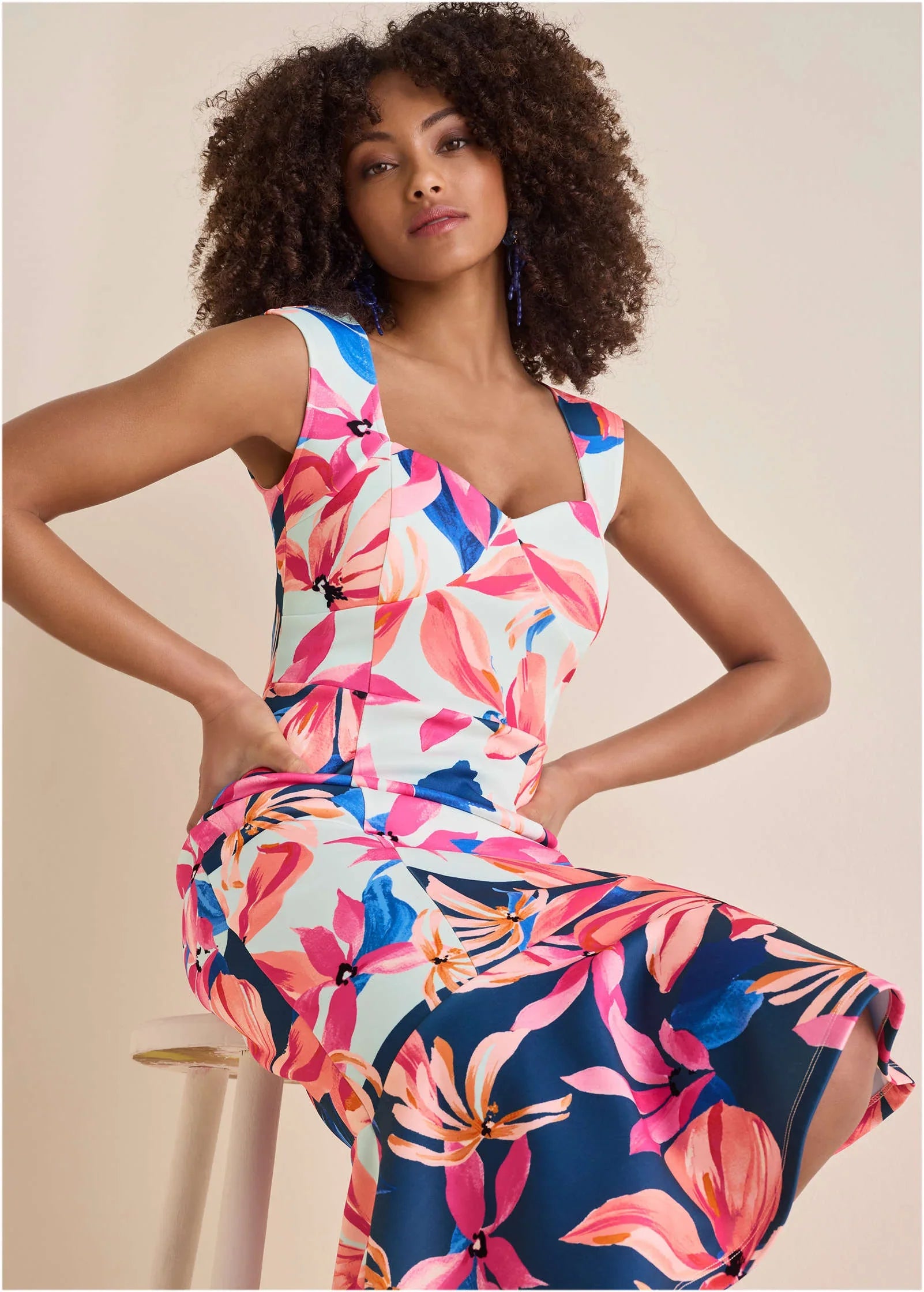 Ruffle Trim Scuba Dress Flower Wave