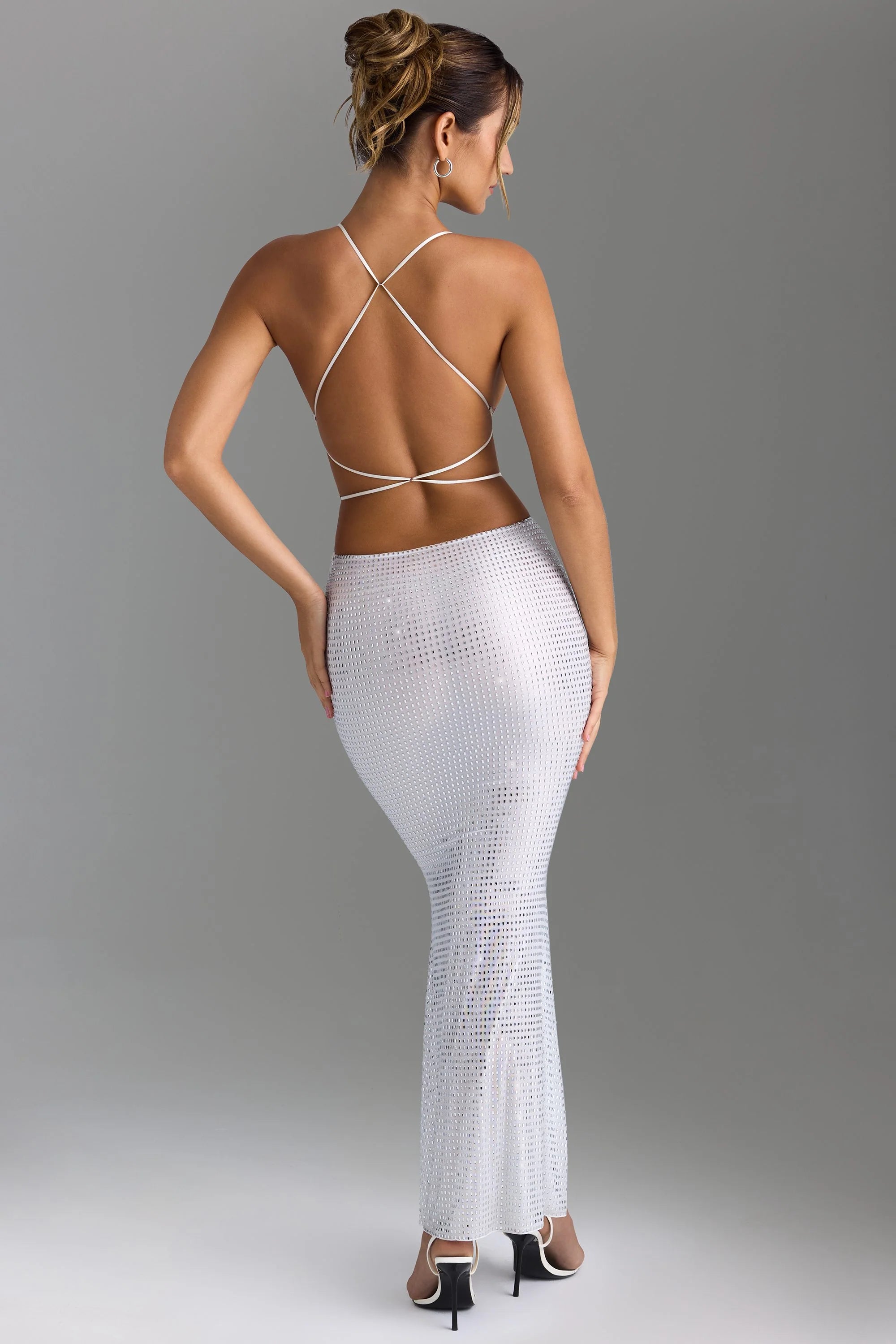Embellished Cut Out Backless Maxi Dress in White
