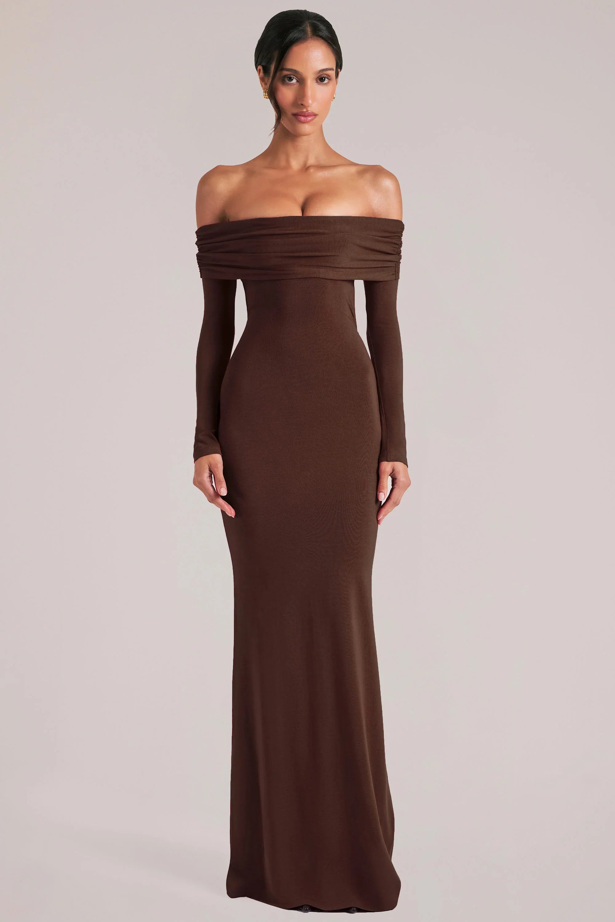 Off Shoulder Long Sleeve Maxi Dress in Chocolate Brown