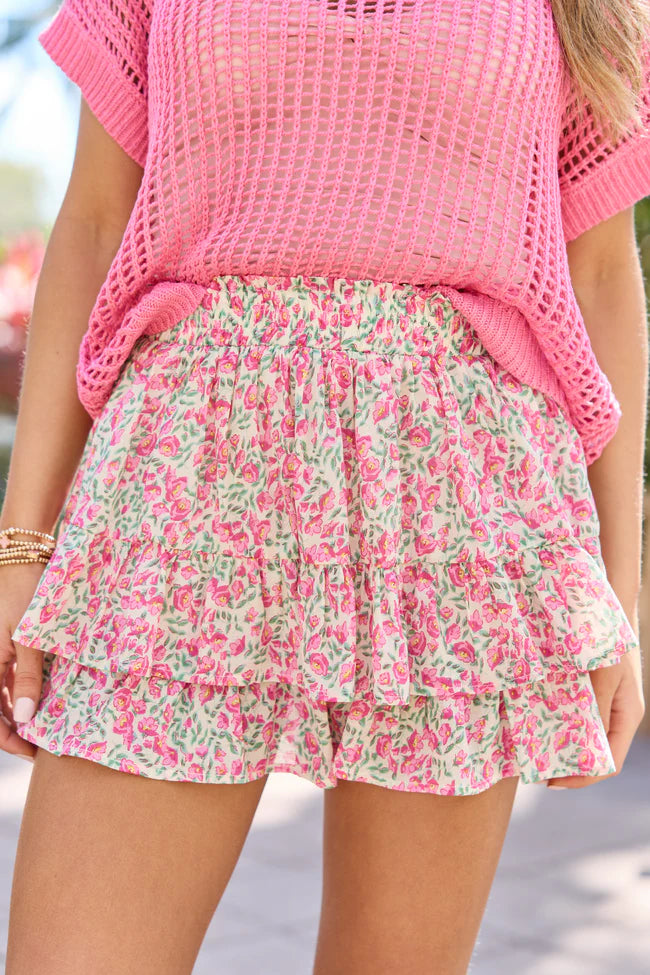 Pretty Moment Pink Multi Floral Tiered Skort