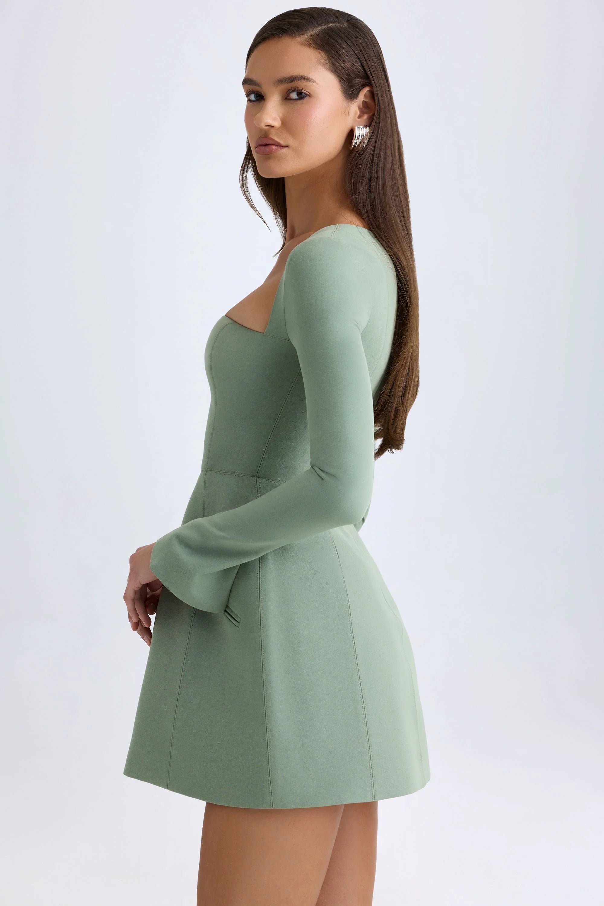Square Neck Structured Tulip Mini Dress in Khaki Green