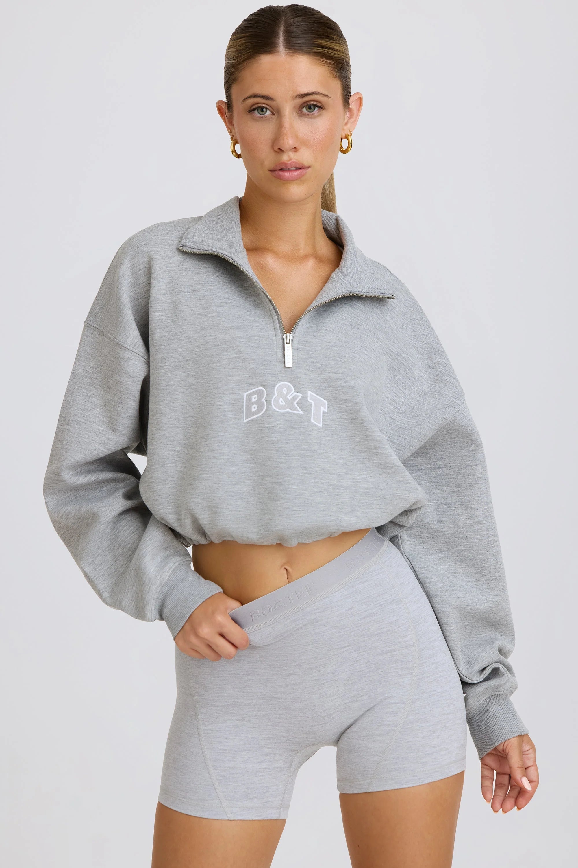 Quarter Zip Cropped Sweatshirt in Grey Marl