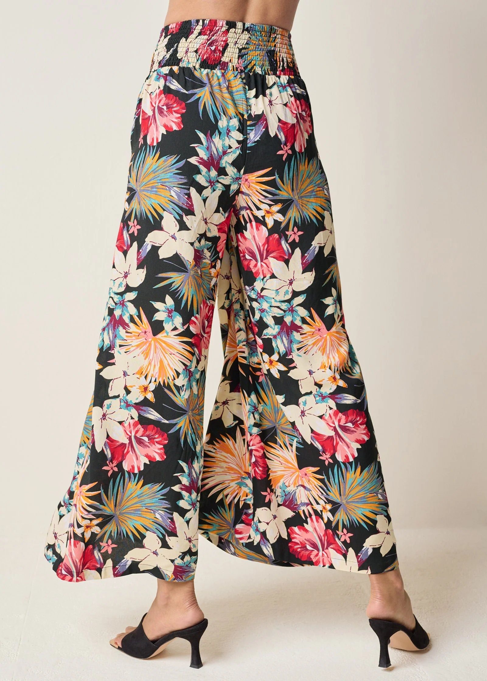 Smocked Waist Flared Pants Black Multi