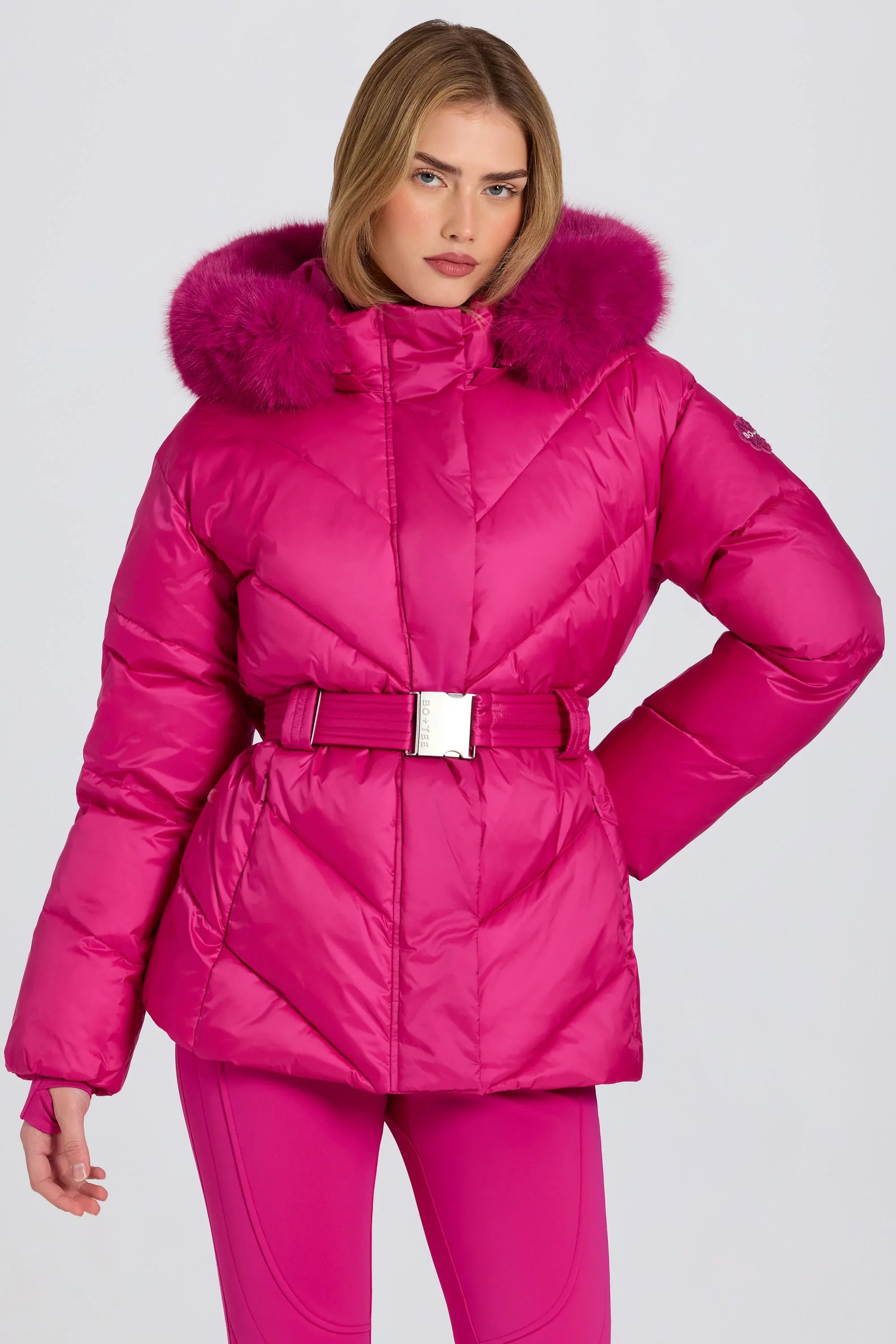 Waterproof Faux Fur Hood Ski Jacket in Magenta Pink