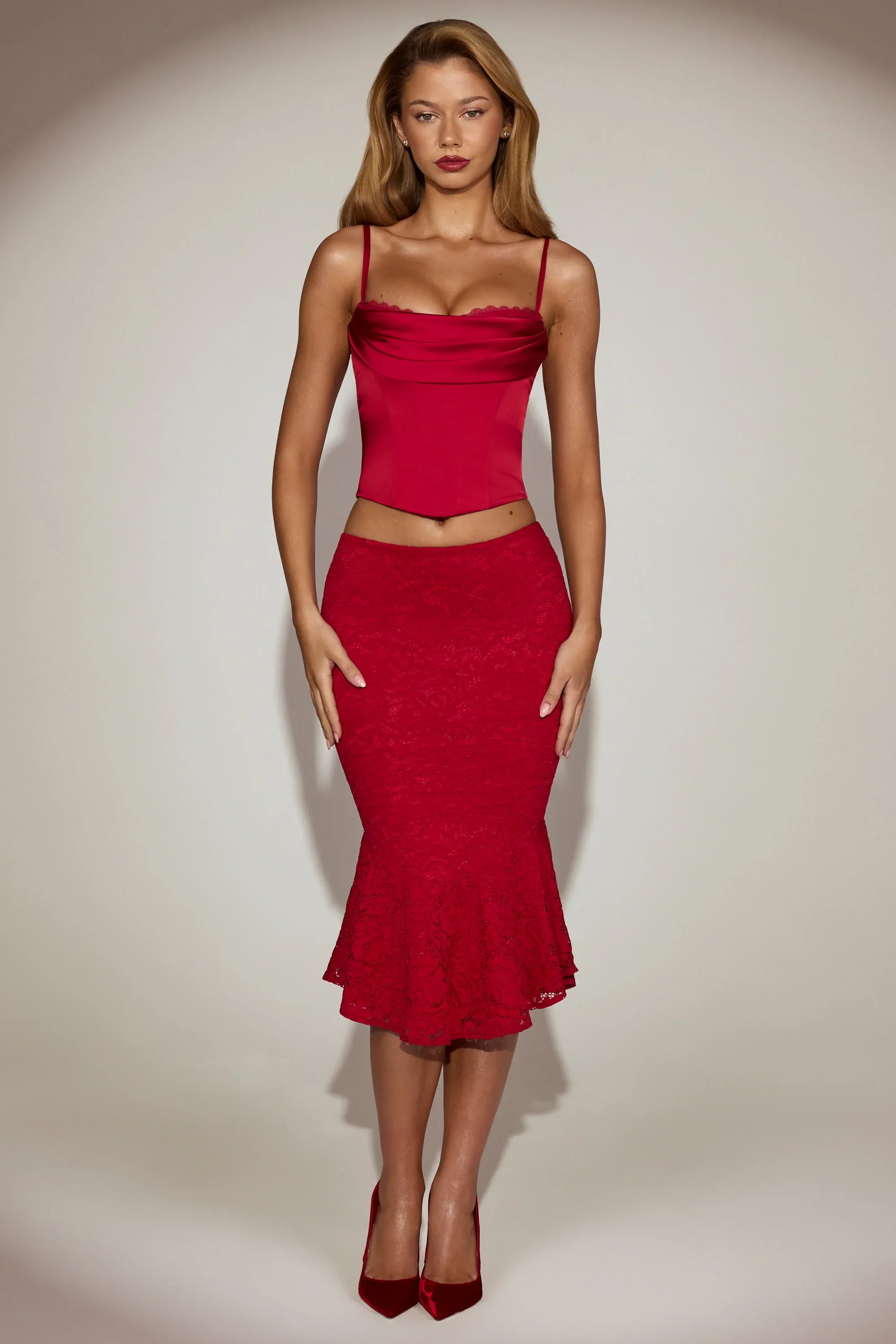 Satin Cowl Neck Lace Up Corset Top in True Red
